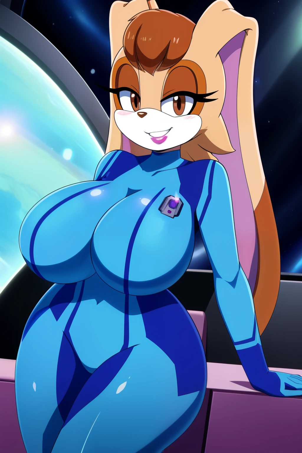 1girls,Vanilla the rabbit huge_breasts,bursting breasts, brown_hair busty dipstick_ear, female,cleavage, female_solo,blue suit,zero suit,skin tight suit, indoors, space ship,grin,anime screencap, lipstick, milf, looking at viewer, holding laser gun,