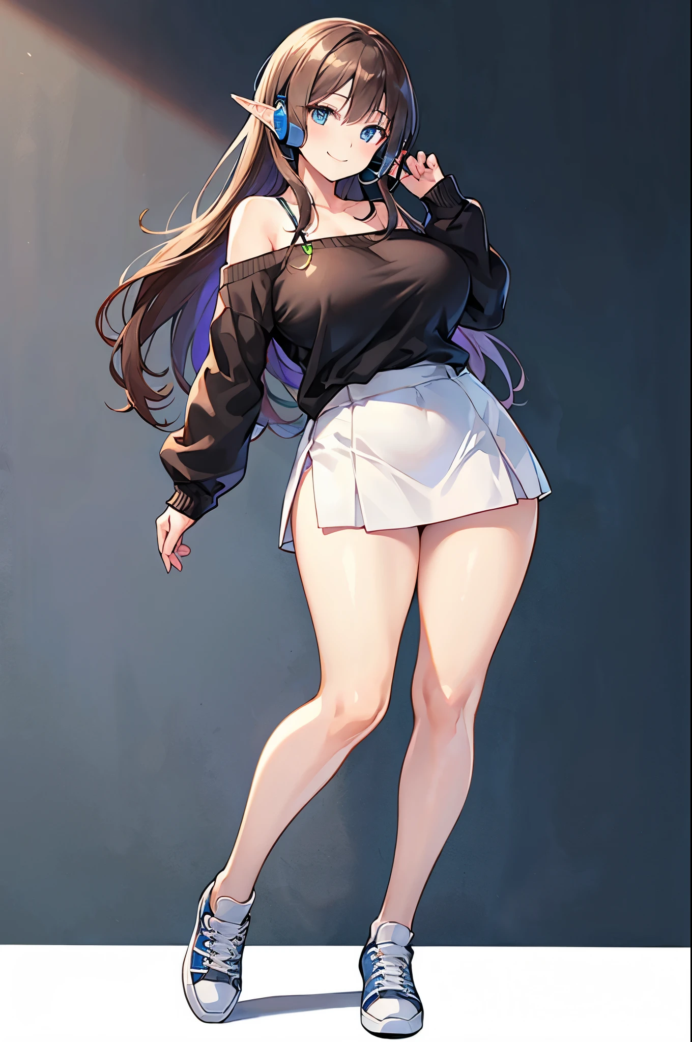 Detail image, realistic image, 1 elf. smiling. She has medium long brown hair which has strands of hair hanging over the right side of her face, large blue eyes and a delicate oval face, large breasts and a slim, curvy figure. She wears a wireless headset that has a triangle-shaped logo. She is wearing an off-shoulder sweater, fabric mini skirt. thin thong. sneakers. Full body view. White background, uniform background. Ambient light. Volumetric Light