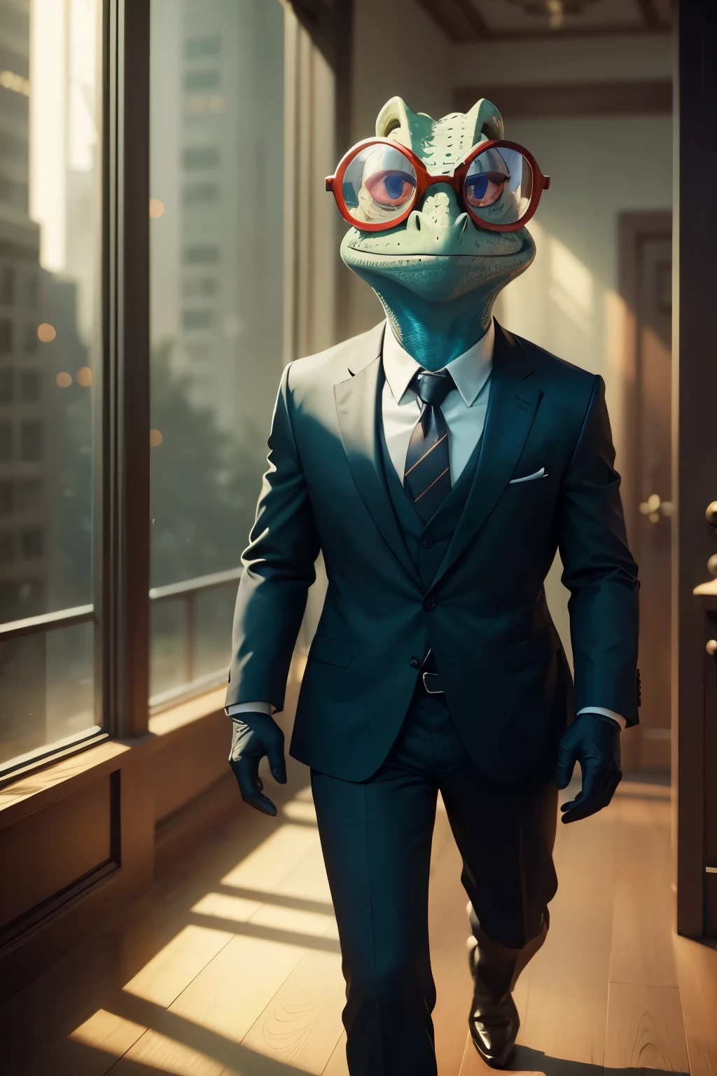 A spotted lizard wearing a black suit and glasses, Pixar, UHD, master part, 4k, best quality, alta qualidade