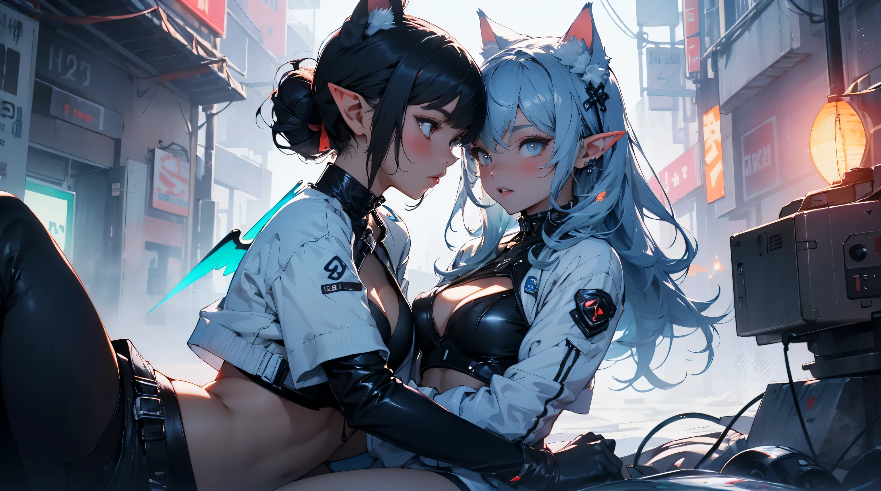fractal sunset, infinite clouds, cute elf girl, 2 girls, extremely long neon light blue hair, cyber outfit, extreme abs, artistic style, cat ears, space tentacles, dramatic, nude, naked, no clothes, hugging, kissing, cosmic wonders, cute, transcedental magical space, beautiful girl, cute face, extreme abs, skinny, perfect body, cat ears, elf, secret laboratory, genetic experiments, naked, nude, no clothes, cyberpunk, elf girl, cat ears, neon green hair, wings, electronic wings, cute face, city, lightning strike, dramatic, bikini, cyber robot companion sphere, a cute elf girl, cute face, on a beach, lying down, cat ears, neon red and black hair, extreme abs, lens flare, beautiful scene, cluttered scene, sea shells, palm trees, ornamental, detailed, spirit animal, glowing, starlight, divine, complex scene, cluttered scene, spirit animal, divine animal, glowing ancient symbols of wisdom, neurotic, summoning circle, ritual of fertility,two beautiful skinny girls, kissing and cuddling playing together, transparent jacket, space buns,