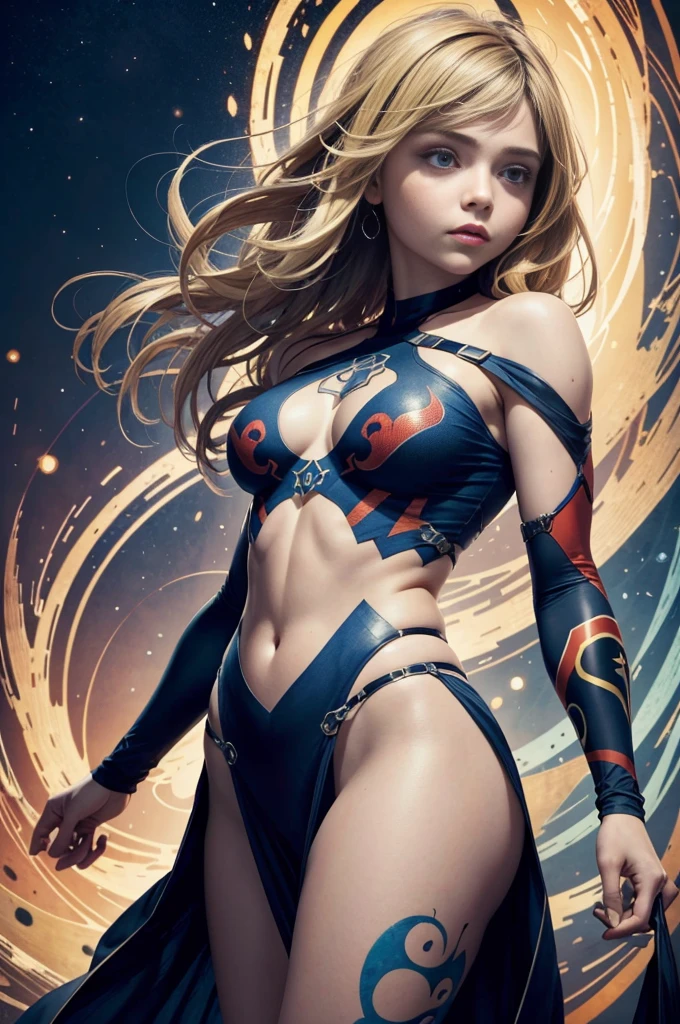 chloë grace moretz、Sticking out the navel、newyork、She wears a torn Spider-Man suit,wearing skirt、abstract photorealistic、artistic、Alphonse Mucha's painting(​masterpiece、top-quality、hight resolution:1.4)、detaileds、複雑なdetaileds、4K、color splashes、line-drawing、Fibonacci、