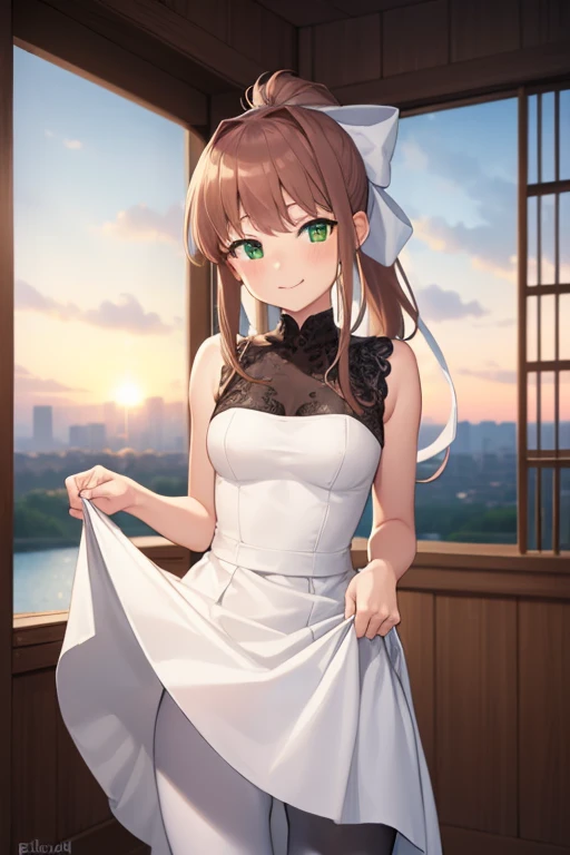 ((full pose:1.5)), ((view from bellow:1.5)), ((standing:1.5)), ((dress lift:1.5)), ddlcmonika, ddlcmonika, blunt bangs, brown hair, (green eyes:1.5), long hair, ponytail, ribbon, white ribbon, hair ribbon, sidelocks, ((happy face:1.4)), ((armpits)) BREAK ((short white dress:1.4)), ((black pantyhose:1.4)), 
BREAK ((looking at viever))
BREAK living room background, ((medium breasts:1.4)), 
BREAK (masterpiece:1.2), best quality, high resolution, unity 8k wallpaper, (illustration:0.8), (beautiful detailed eyes:1.6), extremely detailed face, perfect lighting, extremely detailed CG, (perfect hands, perfect anatomy), ((sky from bellow:1.5)), ((view from bellow:1.5)),