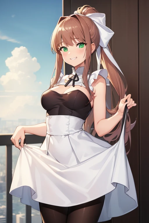 ((full pose:1.5)), ((view from bellow:1.5)), ((standing:1.5)), ((dress lift:1.5)), ddlcmonika, ddlcmonika, blunt bangs, brown hair, (green eyes:1.5), long hair, ponytail, ribbon, white ribbon, hair ribbon, sidelocks, ((happy face:1.4)), ((armpits)) BREAK ((short white dress:1.4)), ((black pantyhose:1.4)), 
BREAK ((looking at viever))
BREAK living room background, ((medium breasts:1.4)), 
BREAK (masterpiece:1.2), best quality, high resolution, unity 8k wallpaper, (illustration:0.8), (beautiful detailed eyes:1.6), extremely detailed face, perfect lighting, extremely detailed CG, (perfect hands, perfect anatomy), ((sky from bellow:1.5)), ((view from bellow:1.5)),