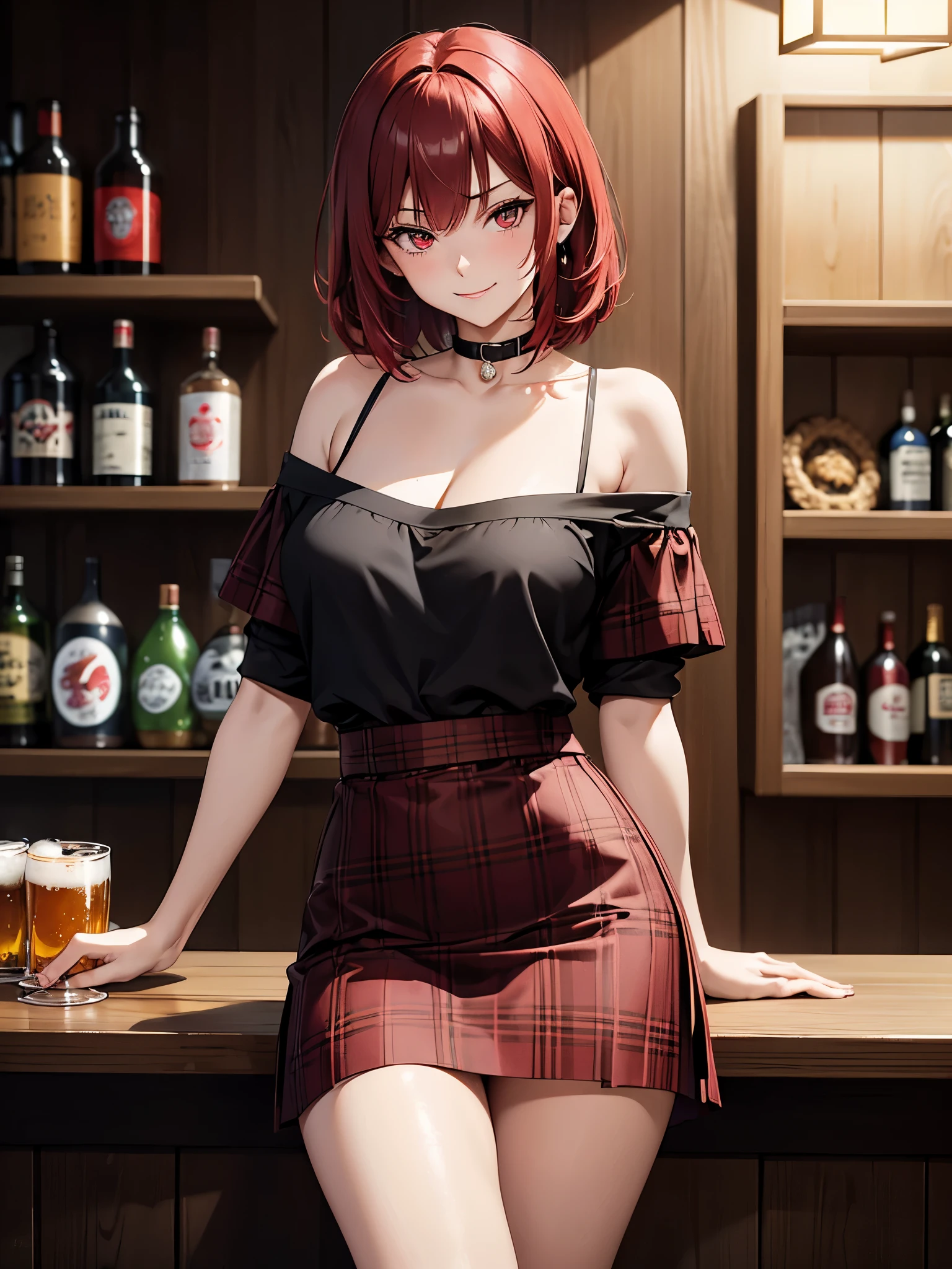 mature 1 woman, alone, drunk, perfect anatomy, attractive, large red eyes, short red hair, rendered eyes, detailed eyes, wearing black off shoulder top, plaid skirt, symmetrical face, smirk, blushing, lusty, (perfect face), in a Japanese bar, buying beer, behind bar counter, drinks on counter, sushi on plates, 2 on counter, simple background, dark background, dark atmosphere, 8K, perfect quality ,masterpiece, high quality, very high resolution, shot straight