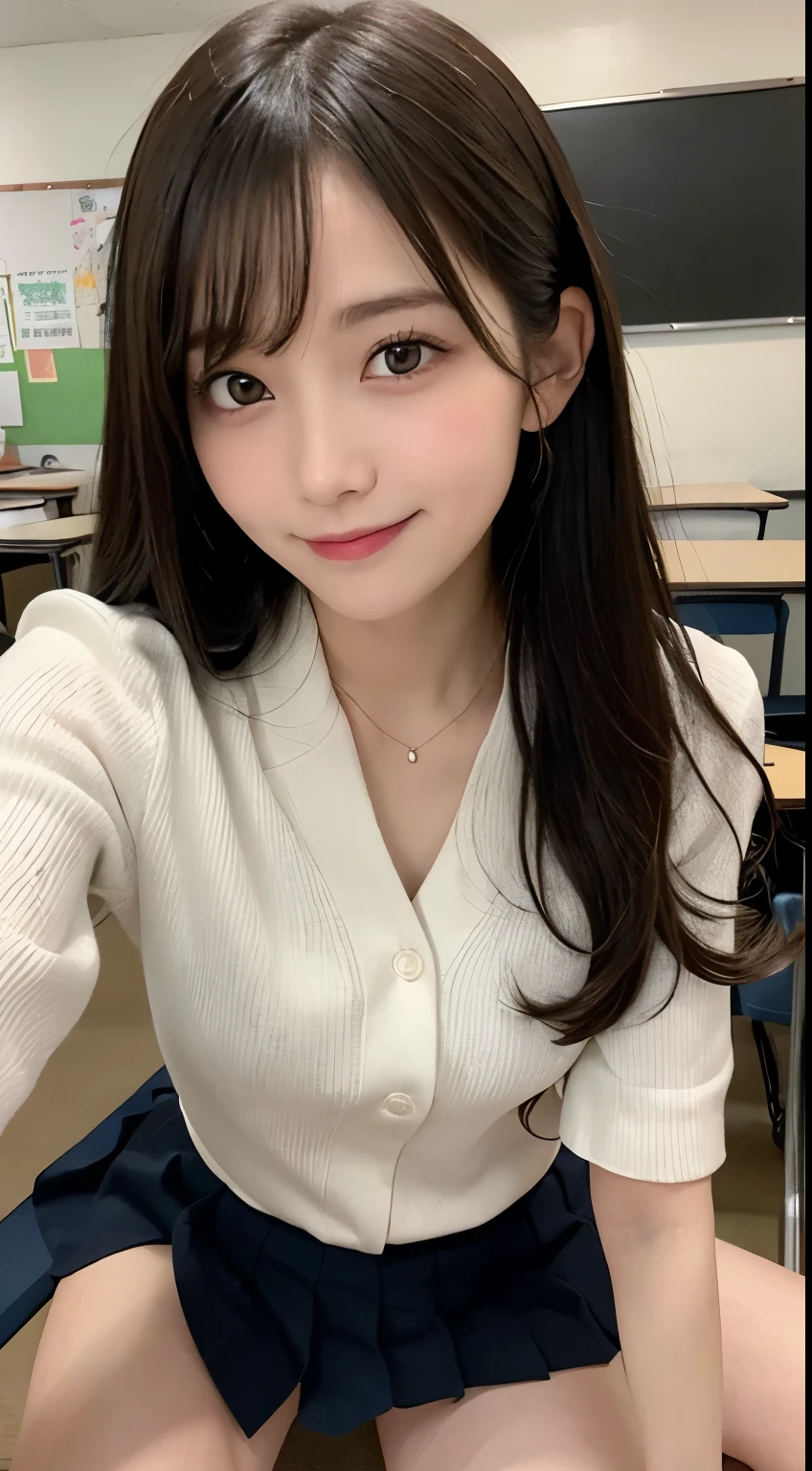 masutepiece, Best Quality, Illustration, Ultra-detailed, finely detail, hight resolution, 8K Wallpaper, Perfect dynamic composition, Beautiful detailed eyes, ,Medium Hair, Big breasts, Natural Color Lip, Random and sexy poses,Smile、20 years girl、 After-school classroom、 high school giller suit、a miniskirt、Loose socks、