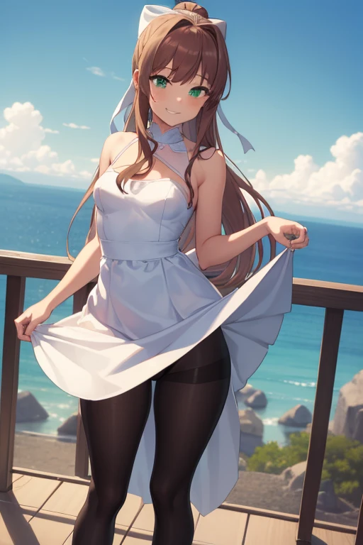 ((full pose:1.5)), ((view from bellow:1.5)), ((standing:1.5)), ((dress lift:1.5)), ddlcmonika, ddlcmonika, blunt bangs, brown hair, (green eyes:1.5), long hair, ponytail, ribbon, white ribbon, hair ribbon, sidelocks, ((happy face:1.4)), ((armpits)), show panties, ((short white dress:1.4)), ((black pantyhose:1.4)), 
BREAK ((looking at viever))
BREAK living room background, ((medium breasts:1.4)), 
BREAK (masterpiece:1.2), best quality, high resolution, unity 8k wallpaper, (illustration:0.8), (beautiful detailed eyes:1.6), extremely detailed face, perfect lighting, extremely detailed CG, (perfect hands, perfect anatomy), ((sky from bellow:1.5)), ((view from bellow:1.5)),