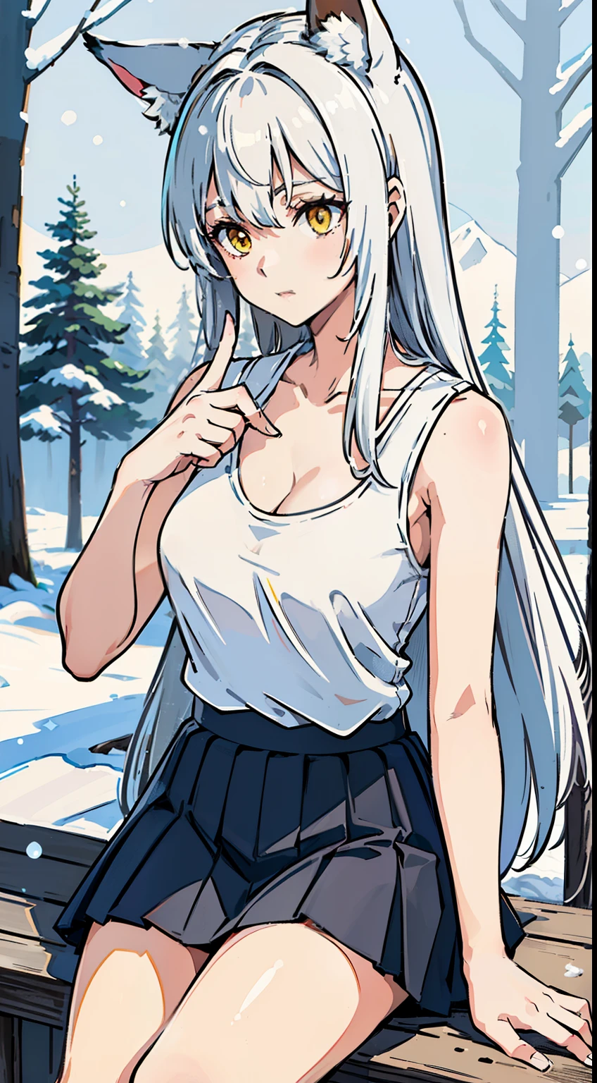 1girl,solo,medium breasts,mature female,((white sleeveless and shoulderless t-shirt,cleavage, white pleated skirt)),silver hair,long hair,yellow eyes,fox ears,((sitting in snow,in a Forest)),from front,looking away,cowboy shot,(((put up index finger)))