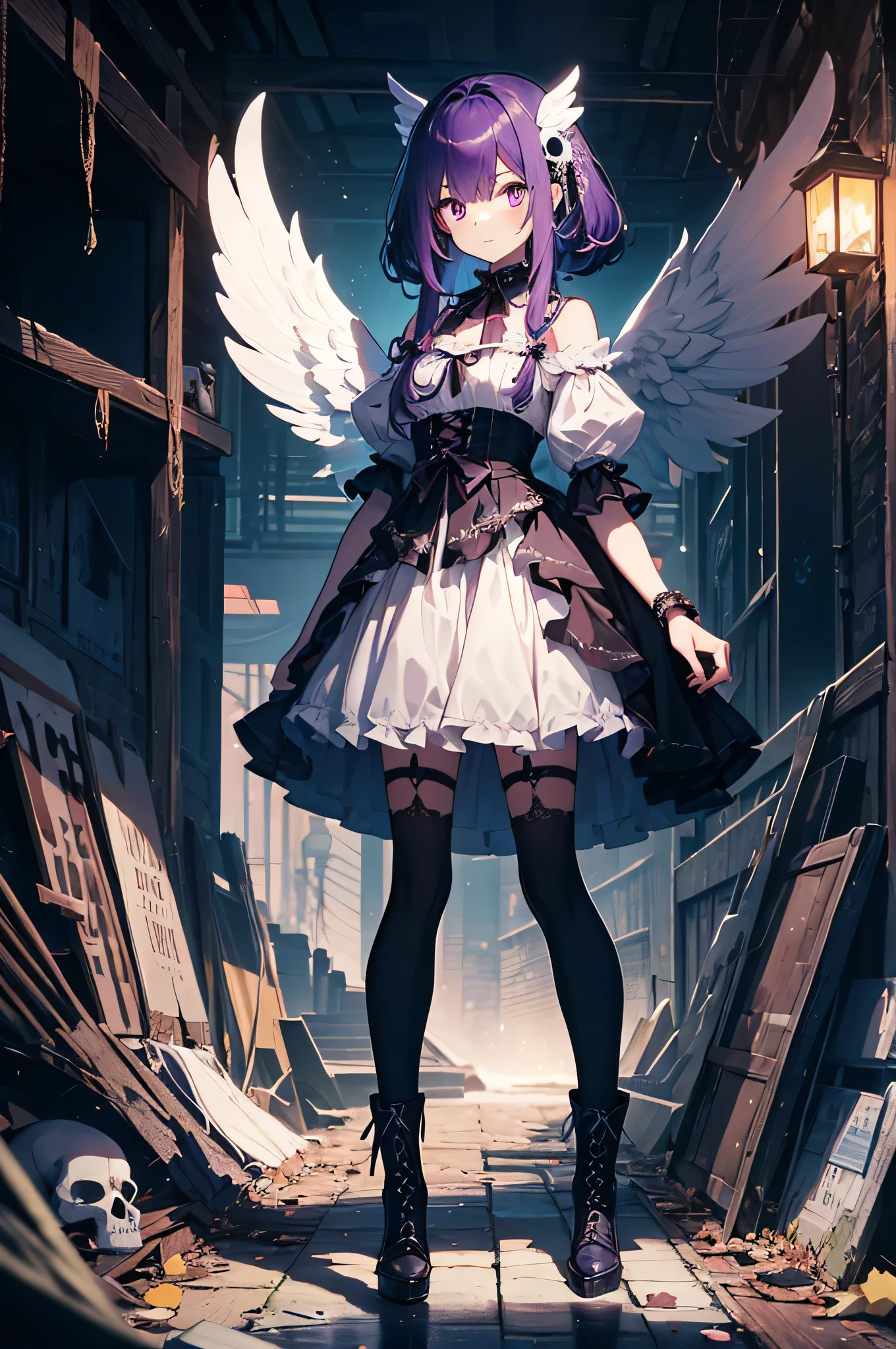 (masutepiece, Absurd quality, Best Quality, Official art, Beautiful and aesthetic:1.2), (1 :1.4), ighly detailed, (Fractal Art:1.3), Colorful, highest details, Vivid Color, From  above, Angel, albino, baby-face, Hugging the skull, Dark light, Fluffy white ruffled dress, White lace up short boots, fluffy Angel wings, Purple long hair, Beautiful detailed red eyes, glare at viewer, Lots of skulls,Full body,Full body,((Purple hair)),
