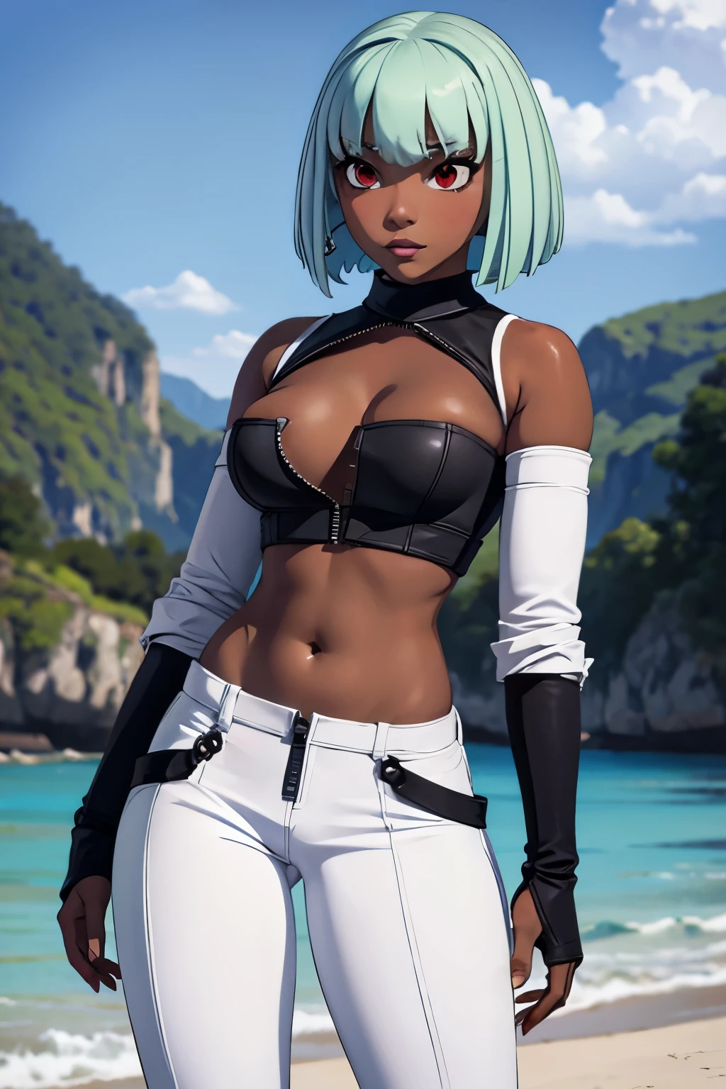 (solo:1.1),(masterpiece), (best quality:1.3), highly detailed, intricate, professional art, digital art, absurdres, emerald sustrai, 1girl, solo, green hair, bob hair, , gold hoop earrings, red eyes, dark skin, (Dark skin:1.1), white leather pants, unzipped pants, undone pants, white strapless tube top, black arm gloves, detached sleeves ,small breasts, (aroused:1.2), futanari, medium penis, veiny penis, (huge :1.1), huge testicles , (black makeup 1:1), Black lipstick, full lips, pubic hair, penis emerging from pants, BREAK outdoors, beach, standing, public indecency, BREAK frontal view, BREAK