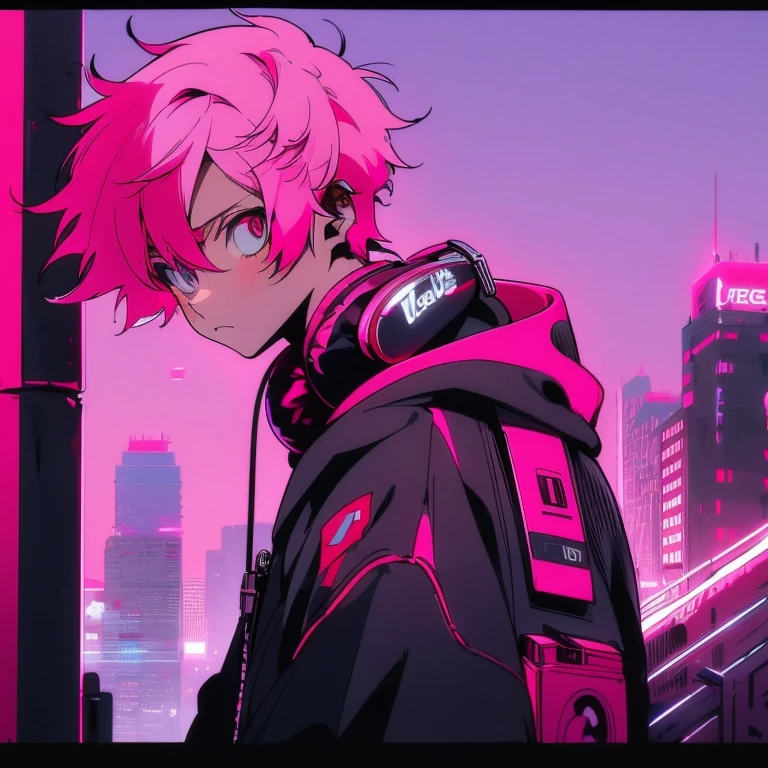 (short-cut), (Two-block hair), (vivid pink hair), (male character), (Eye color is red), (Cool pose), (of the highest quality), (​masterpiece), (ultra-detailliert), (Oversized hoodies), (Street), (neons), (Camera from a down angle), (Modern City), (neonsデイライト), (Cinematic), (Stylish), (hight resolution), (Hyper Detailed), (Looking at the camera), (Anime-style), (Softtown), (nightcore), (a handsome man), (Listening to music through headphones), (natural appearance of the building), (casual), (ig studios anime style), (Super beautiful angle of view),