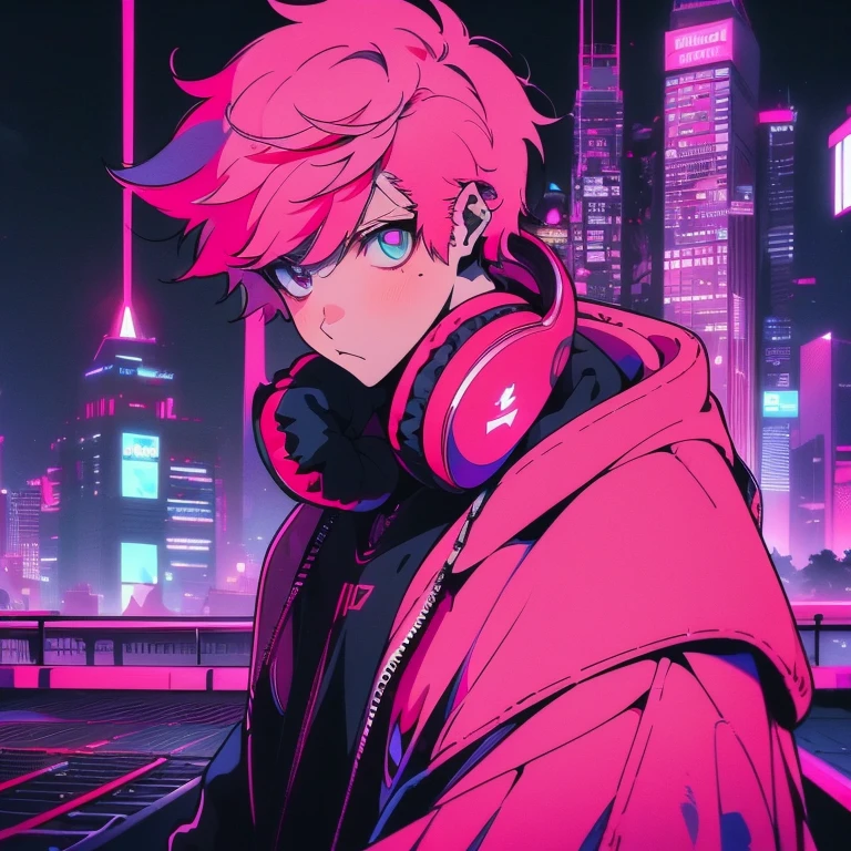 (short-cut), (Two-block hair), (vivid pink hair), (male character), (Eye color is red), (Cool pose), (of the highest quality), (masterpiece), (ultra-detailliert), (Oversized hoodies), (Street), (neons), (Camera from a down angle), (Modern City), (neonsデイライト), (Cinematic), (Stylish), (hight resolution), (Hyper Detailed), (Looking at the camera), (Anime-style), (Softtown), (nightcore), (a handsome man), (Listening to music through headphones), (natural appearance of the building), (casual), (ig studios anime style), (Super beautiful angle of view),