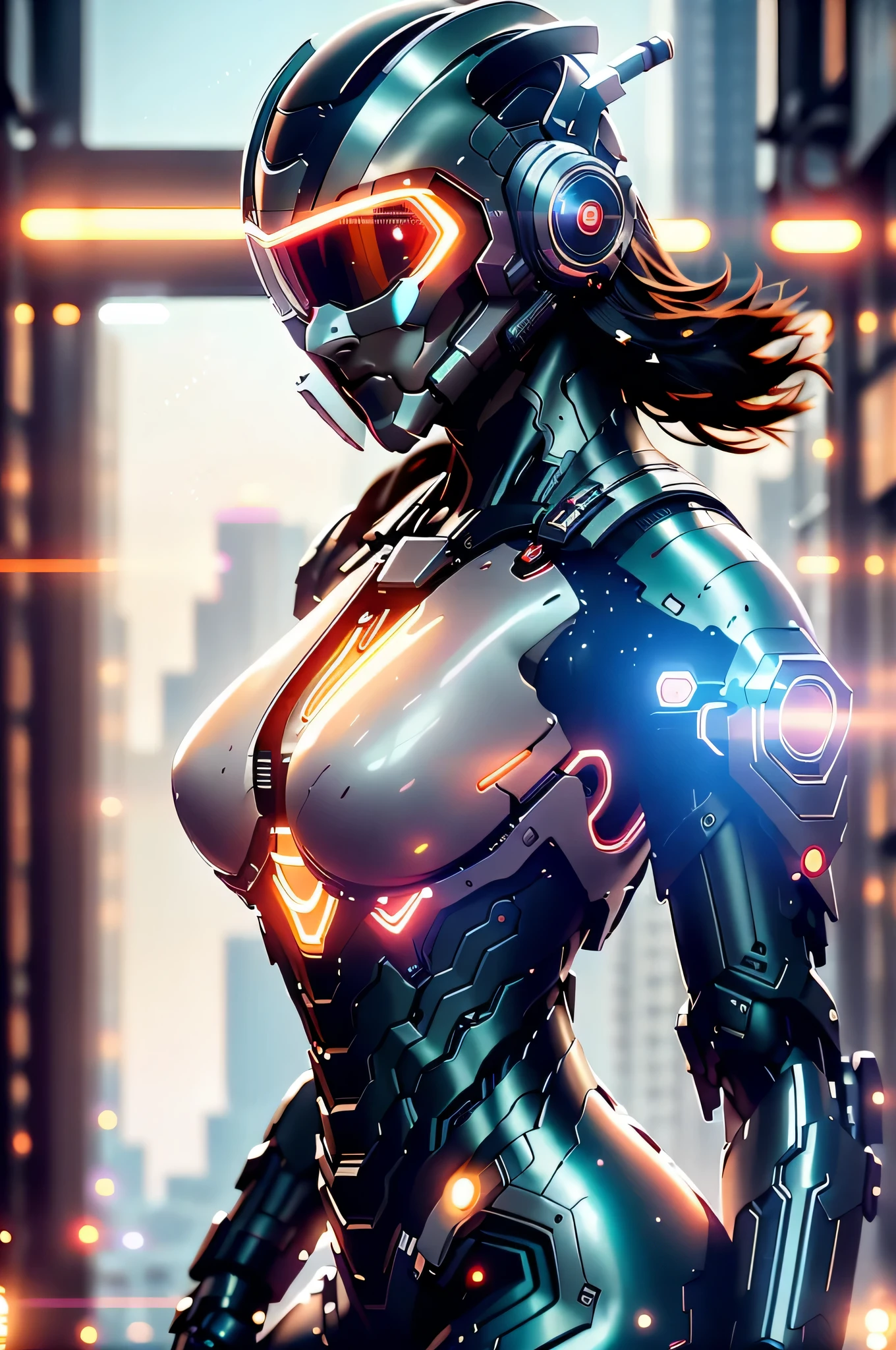 dystopic, [scientific fiction], Foto colorida RAW de alto detalhe, Tiro completo, frontal angle, (((Beautiful female arterial intelligence, vestindo chemise vermelho transparente))), ao ar livre, voando, in sky, olhando para o horizonte da cidade cyberpunk espraiado), toned physique, bunda grande, (pale skinned), Cyberpunk technological helmet and visor, (Cybernetic Implants in the Right Arm:1.2), roupa vermelha. Holding a laser sword in your hand, (Aumenta), (ciborgue:1.1), (pele detalhada, poros difusos da pele), silicone, metal, (altamente detalhado, detalhes finos, intrincado), (Reflexo da lente:0.5), (florescer:0.5), smog, poeira, (Badlands:0.8), (observitório:0.7), ray tracing, specular illumination, profundidade de campo rasa, fotografado em uma lente Sony Alpha 1, SE 85 mm, F/2.8, Rigid focus, filme liso, cinematic still, [Cyberpunk:Orweliano:12] a sexy liil bueaty girlieee 88k