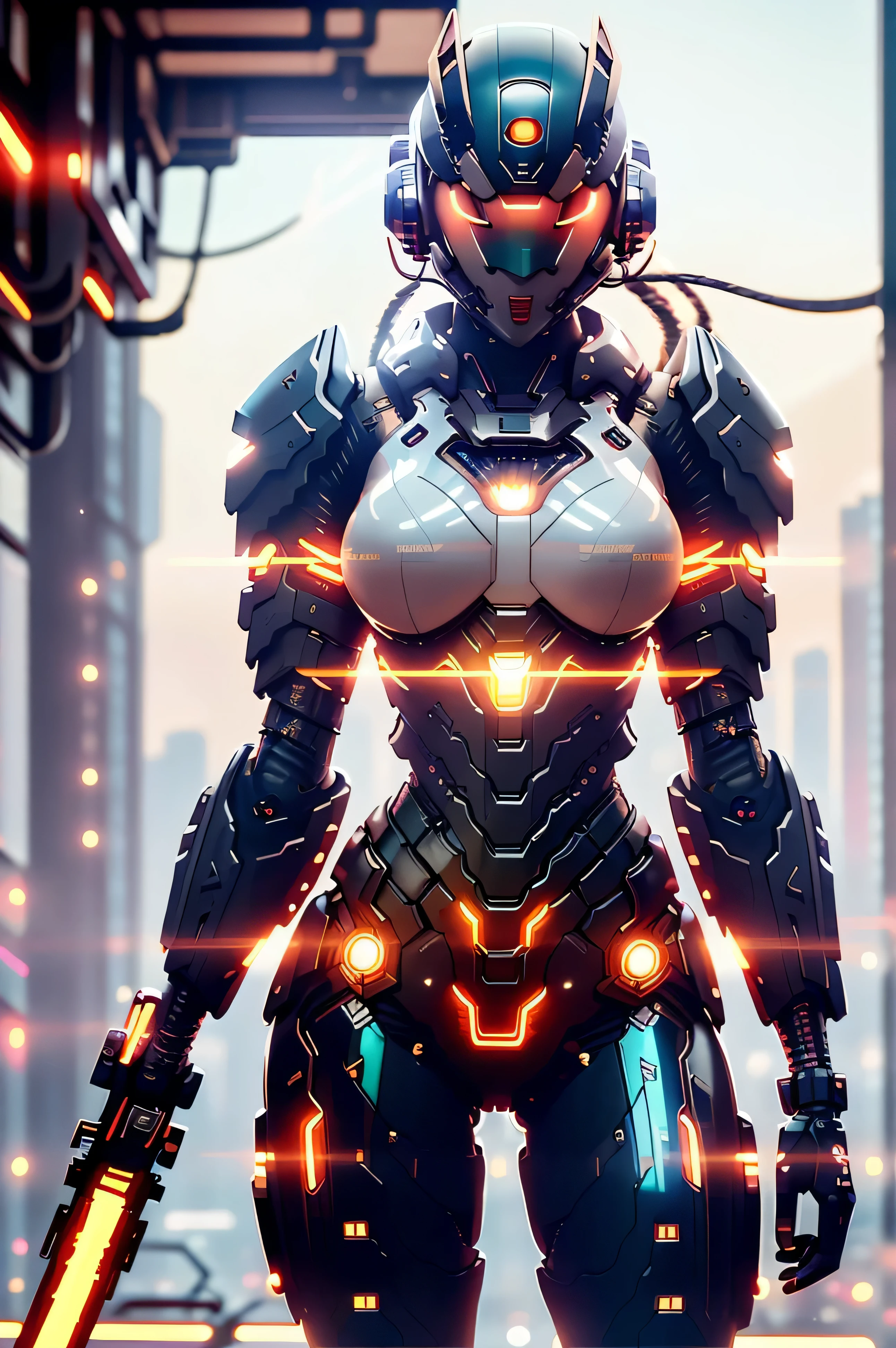dystopic, [scientific fiction], Foto colorida RAW de alto detalhe, Tiro completo, frontal angle, (((Beautiful female arterial intelligence, vestindo chemise vermelho transparente))), ao ar livre, voando, in sky, olhando para o horizonte da cidade cyberpunk espraiado), toned physique, bunda grande, (pale skinned), Cyberpunk technological helmet and visor, (Cybernetic Implants in the Right Arm:1.2), roupa vermelha. Holding a laser sword in your hand, (Aumenta), (ciborgue:1.1), (pele detalhada, poros difusos da pele), silicone, metal, (altamente detalhado, detalhes finos, intrincado), (Reflexo da lente:0.5), (florescer:0.5), smog, poeira, (Badlands:0.8), (observitório:0.7), ray tracing, specular illumination, profundidade de campo rasa, fotografado em uma lente Sony Alpha 1, SE 85 mm, F/2.8, Rigid focus, filme liso, cinematic still, [Cyberpunk:Orweliano:12] a sexy liil bueaty girlieee 88k