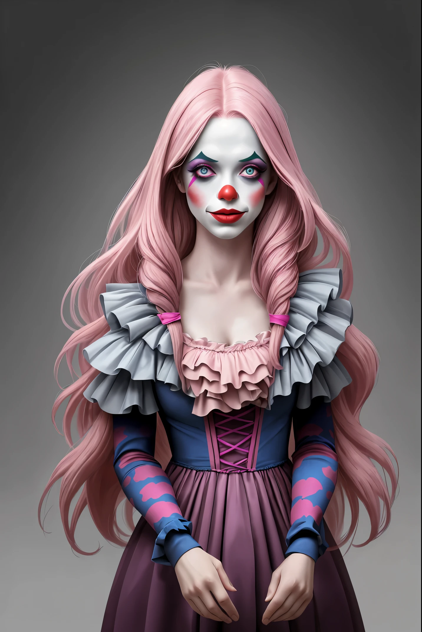 professional photo of a (dutch woman:1.1),
she is wearing clown costume and she has very long pink hair,
detailed skin, detailed eyes, detailed clown makeup,
inside dusty circus arena,
volumetric fog, volumetric dust,
photo made with Canon EOS  in natural style photography,
popular on artstation, popular on deviantart, popular on flicker