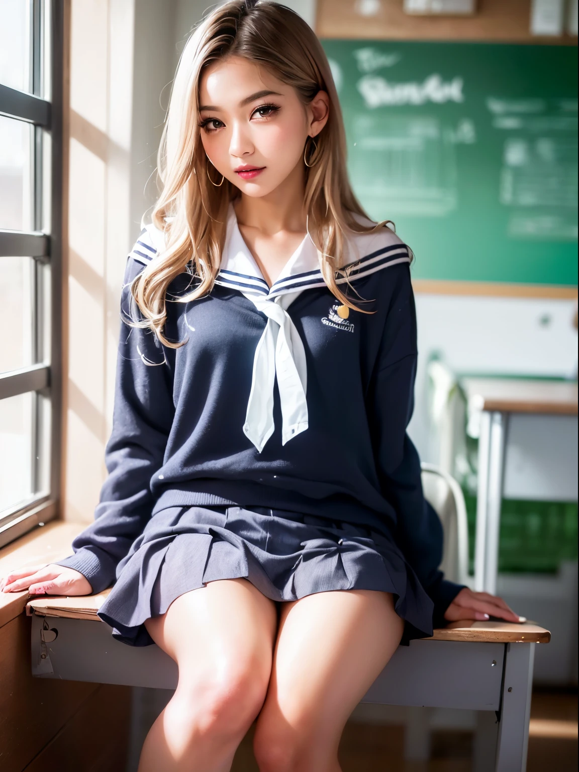 (8K, Raw photo, Photorealistic:1.25) ,( lipgloss, Eyelashes, grossus, Glossy skin, Best Quality, 超A high resolution, depth of fields, chromatic abberation, Caustics, Broad lighting, Natural Shading,Kpop Idol) looking at viewer with a serene and goddess-like happiness, High School Classroom, Sailor Uniform, gals、Mini skirt