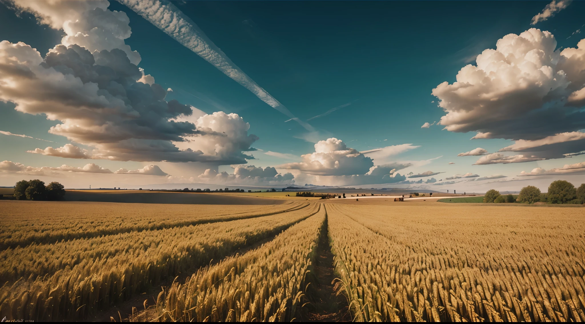 realistic landscape, a wheat field with ripples in the ground, sky with clouds, sun over clouds