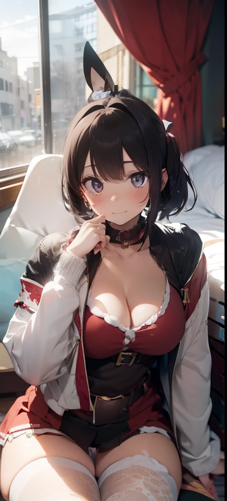 ultra-quality, ultla highres, Hyper Detailed, High contrast, Ultrafine Strike, creative refinement,A dark-haired,ssmile,Santa Claus Costume,Show cleavage,livingroom,5 fingers