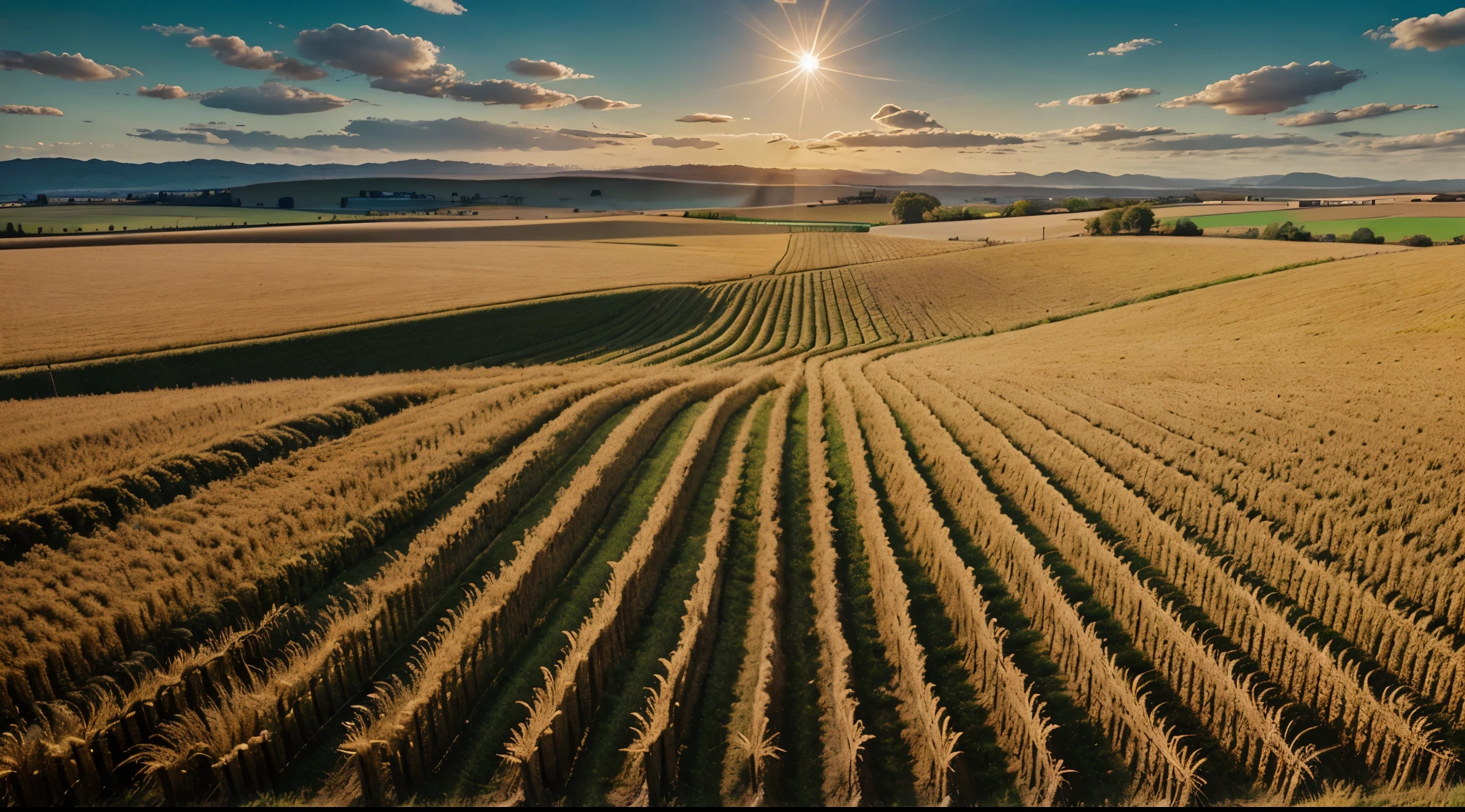 realistic landscape, a wheat field with ripples in the ground, sky with clouds, sun over clouds