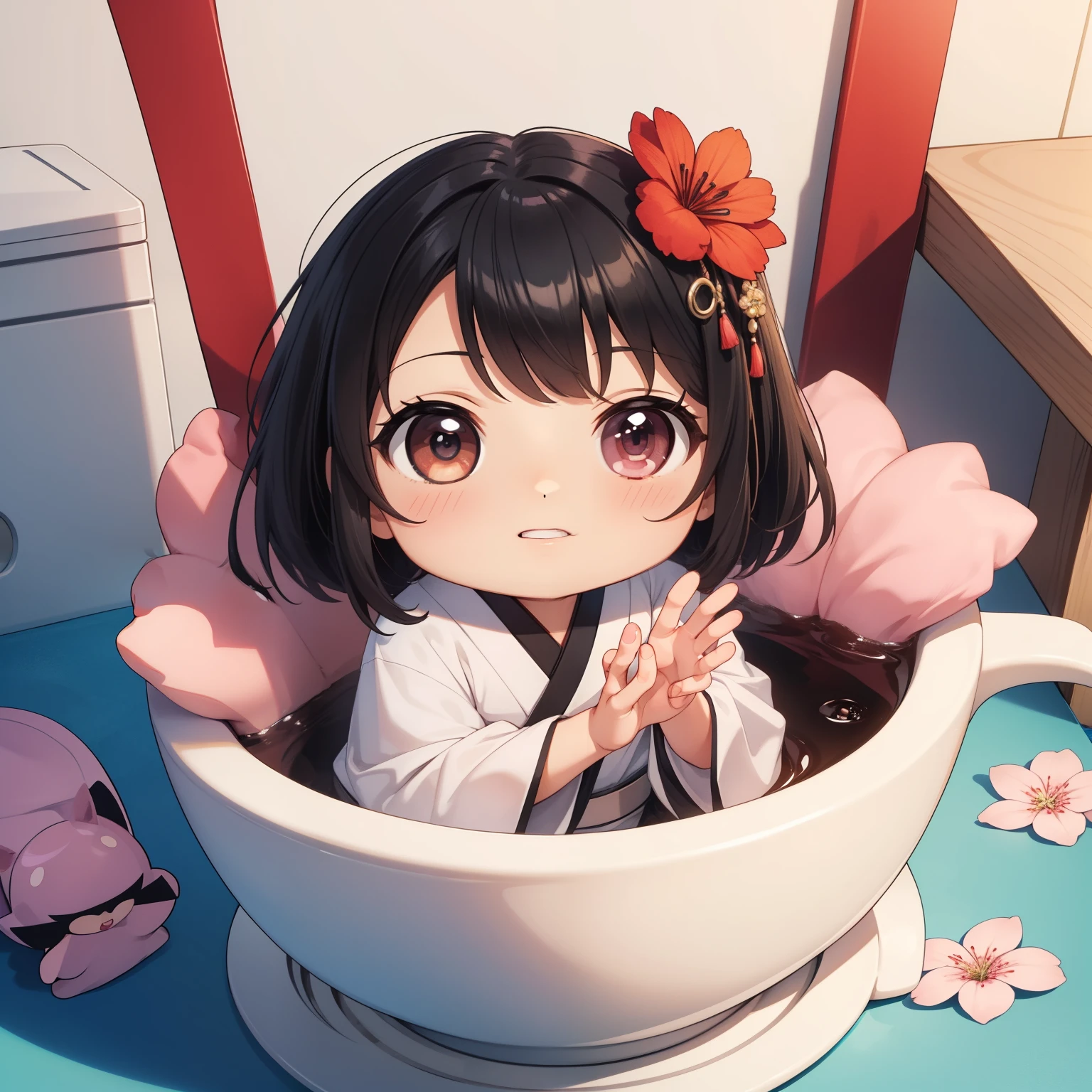 ((chibi:1.5)), (masterpiece), (best quality), high resolution, ultra detail, 8K, black hair, black eyes, wearing a white kimono, white Hijab shitting, japanese style room, sitting, Waving your hands down as a signal to advance