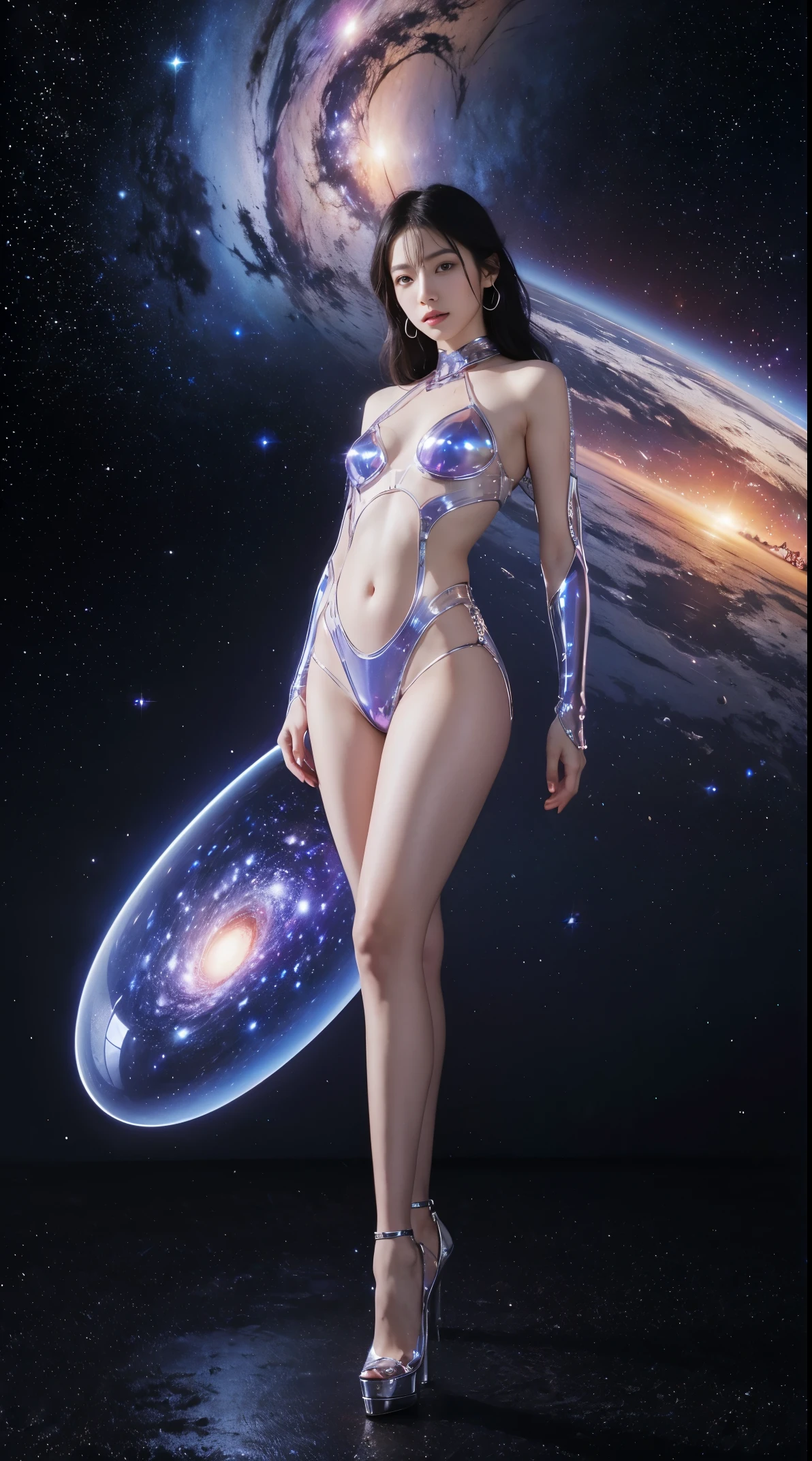 (Best Quality,Ultra-detailed,Realistic:1.37), Ethereal eyes, Complex alien features,[(((Transparent skin like glass)))+purpleish color],(high-heels), Vibrant colors, celestial background, space atmosphere, Otherworldly beings, Starry sky, Glowing celestial bodies, Interstellar beauty, surrealist compositions,.