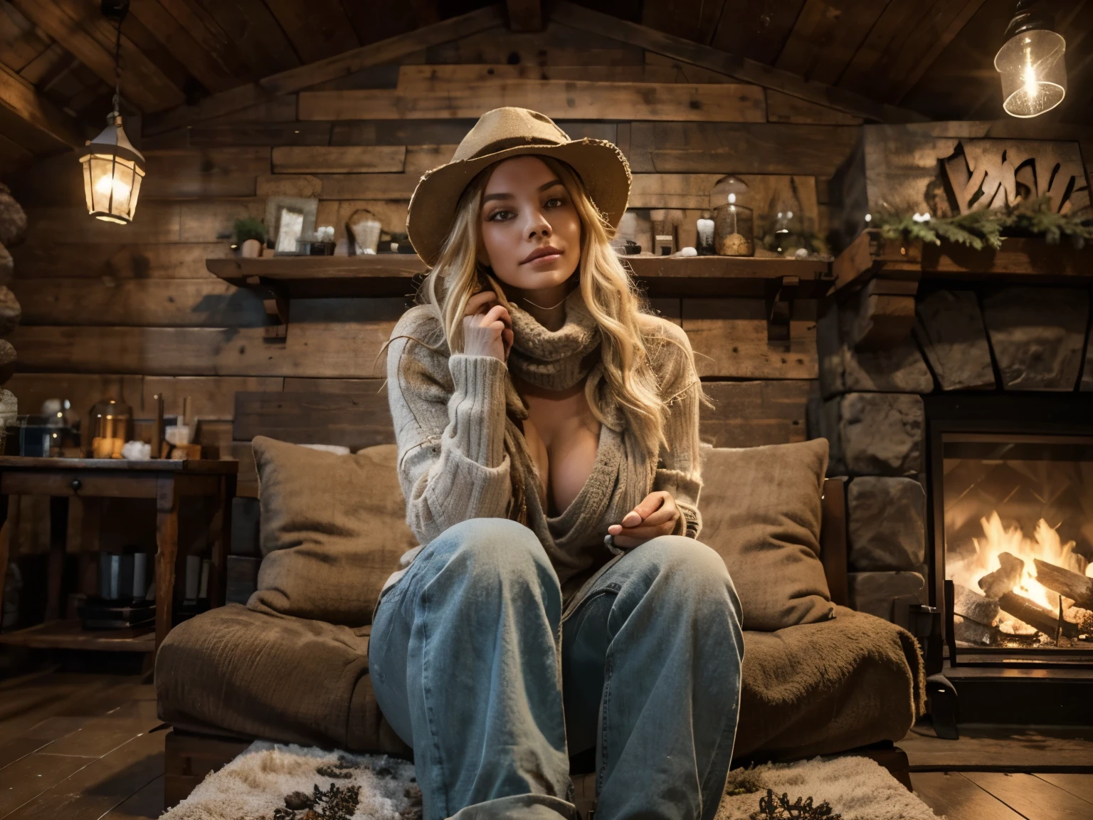 Create a Boho Winter Escape Session: Model: - Appearance: Bright blonde,big ass,medium boobs, 23 years old, radiating a bohemian winter spirit, with natural and earthy makeup. Outfit: - A cozy oversized knit sweater paired with distressed jeans, accessorized with a chunky scarf and stylish winter boots. Add eclectic boho accessories like layered bracelets and a wide-brimmed hat. Location in Frame: - Setting: A rustic winter cabin surrounded by snow-covered pine trees, capturing the warmth and charm of a bohemian winter escape. Position: - The model casually enjoying the winter atmosphere, perhaps sitting by a roaring fireplace or strolling along a snowy path, emanating both a laid-back bohemian vibe and self-assured tranquility. Details: - Background: Snowy landscapes and the rustic coziness of a cabin interior, creating a serene and relaxed winter escape atmosphere. - Lighting: Utilize soft winter daylight filtering through the cabin windows for a warm and inviting glow. - Atmosphere: Easygoing and carefree poses, conveying the model's bohemian spirit and confidence in the winter retreat.