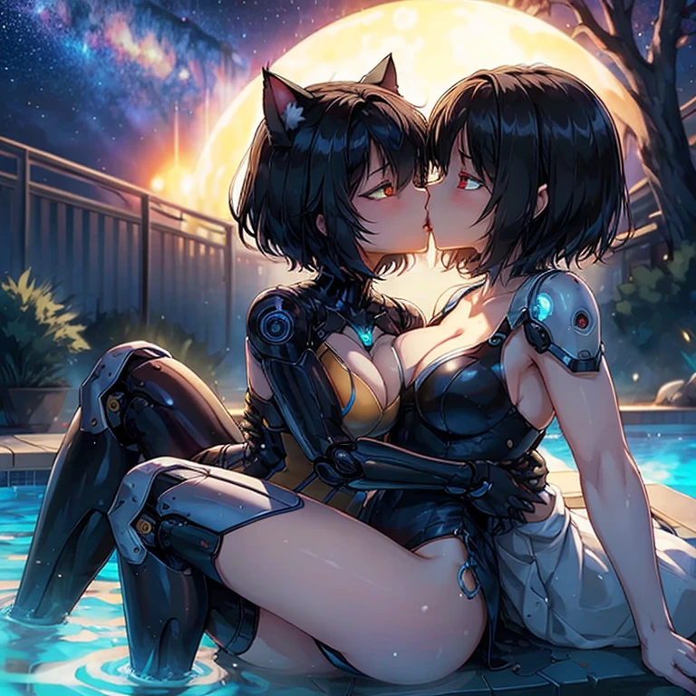 female, black shoulder length hair, metallic body, robotic body , android body , robotic arm, robotic legs, cat ears ,soft glowing eyes, no clothes, medium short length hair, small breasts, A Cup breasts , thin body, curved thighs, laying down beside pool, kissing, hugging, humping, french kissing girls, yuri, lesbian, two characters, girls only, outside, science fiction, stars, galaxy, star ships, at night, dim light, high quality, masterpiece,