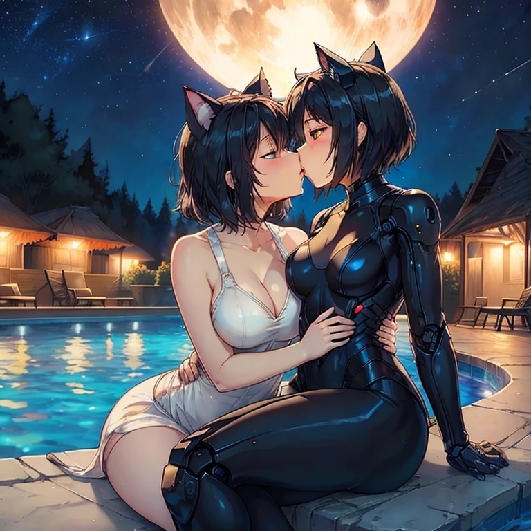 female, black shoulder length hair, metallic body, robotic body , android body , robotic arm, robotic legs, cat ears ,soft glowing eyes, no clothes, medium short length hair, small breasts, A Cup breasts , thin body, curved thighs, laying down beside pool, kissing, hugging, humping, french kissing girls, yuri, lesbian, two characters, girls only, outside, science fiction, stars, galaxy, star ships, at night, dim light, high quality, masterpiece,