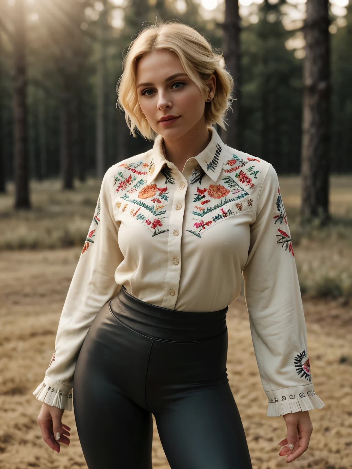 full-length selfie,(top view: 1.4), taken by 30-year-old blonde, an American female country music singer outside, exterior misty foggy pine forest:1.1, off a dirt trail, (misty:1.2 woods), ((she is dressed in tight thirst trap leggings, a fringed retro snap western embroidered long sleeve cowboy collared shirt with rodeo flourishes pattern:1.4)), (vulva shape:0.4),her leggings are tucked into her (luxury exotic cowboy boots:0.5),(high end boots:0.6), comfortable, romantic, ((her tidy blonde hair, braided, twisted and over her ears short hair:0.9)), her hands relaxed, by side, every picture detail captured with the highest quality Leica camera, camera captures every detail and deepens the shadows, she's blowing kisses, arms open welcoming, dimples, scrunched up nose, stunning female, colorful, lovely woman,American, a relaxed moment, realistic photo, (49% of photo is black in drawing:1.4), (detailed fabrics:1.2), (soft warm light:1.7) ,(relaxed intimate photoshoot), cozy relaxed, catching us, beautiful hands, gorgeous soft warm lighting:1.4, ((high contrast)), (deep, darkest shadows), (shadow details:1.3), ((taken using Leica camera, aperture: f/2)) , hyper-realistic skin, pores, scar, mole, relaxed moment, natural light glow, (romantic light:1.2), radiant dark skin, perfect relaxed hands, perfect fingers, a work of art, beautiful composition, golden ratio, contrast, inspiring, (highest quality fabric texture), every detail,Fine facial features – (Highest Quality) ,Leica camera film, High quality ○○ detailed – ○○ details ultra detailed(Ultra-fine ), Photorealistic