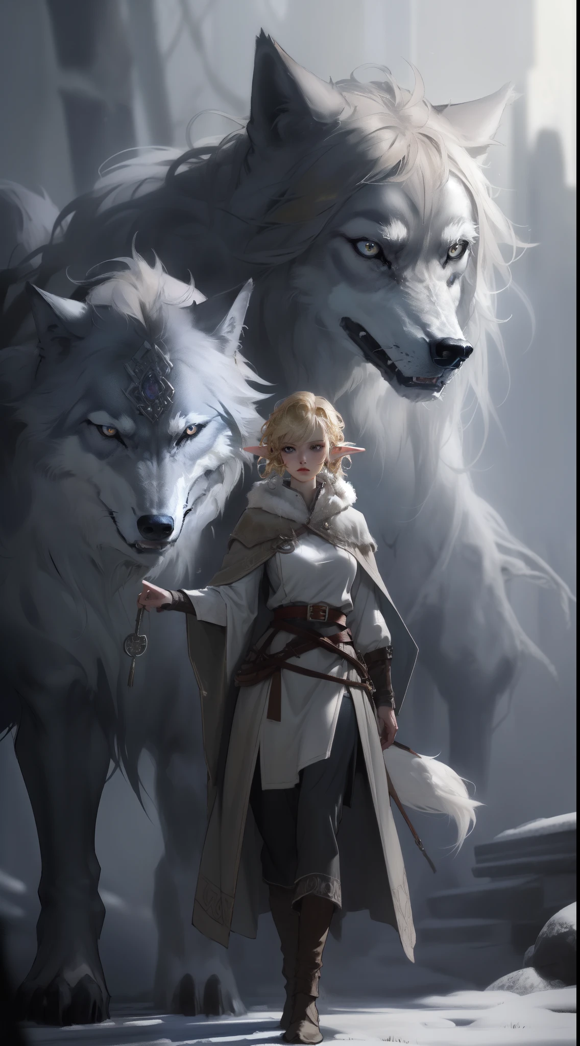 ((masterpiece, best quality)), (fractal art:1.3), viking elf girl, fantasy, Standing with ancient wolf, concept yoji shinkawa, concept art, painting, frank frazetta, BREAK, (elf:1.2), 1girl, solo, (Blonde Hair:1.15), Blunt bangs, (hair between eye), Blue Eyes, (beautiful detailed face:1.2)，art style by Artgerm, by Wadim kashin, by Kawacy, BREAK, (1animal), ((wolf)),  fluffy, big, White fur, BREAK, ((ancient viking clothes))，fluffy cloak,  big breast, long black glovelack pantyhoses with white boots, BREAK, eyelashes, eyeshadow, pink eyeshadow, BREAK, extremely detailed, dynamic angle, dynamic pose, the most beautiful form of chaos, elegant, a brutalist designed, Setting is a Scandinavian forest in winter,