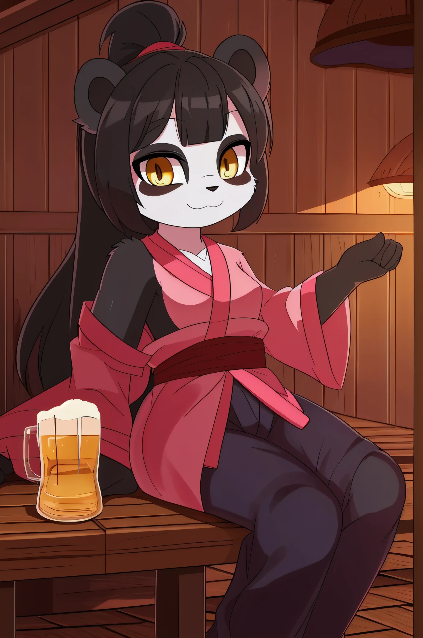 furry girl, young, panda, black hair, open bangs, long ponytail, anime style, small breasts, yellow eyes, ((pink kimono, hakama pants)), high quality, detailed body, detailed eyes, detailed face, masterpiece, glistening body, detailed body fur, best quality, panda body fur, two tone body fur, black body fur, white body fur, skinny, :3, black panda eyeshadows, panda ears, perfect lighting, perfect shadows, perfect eyes, perfect hair, perfect face, gorgeous body, tavern, beer on table, sitting on chair, full body, feets whit three toes,