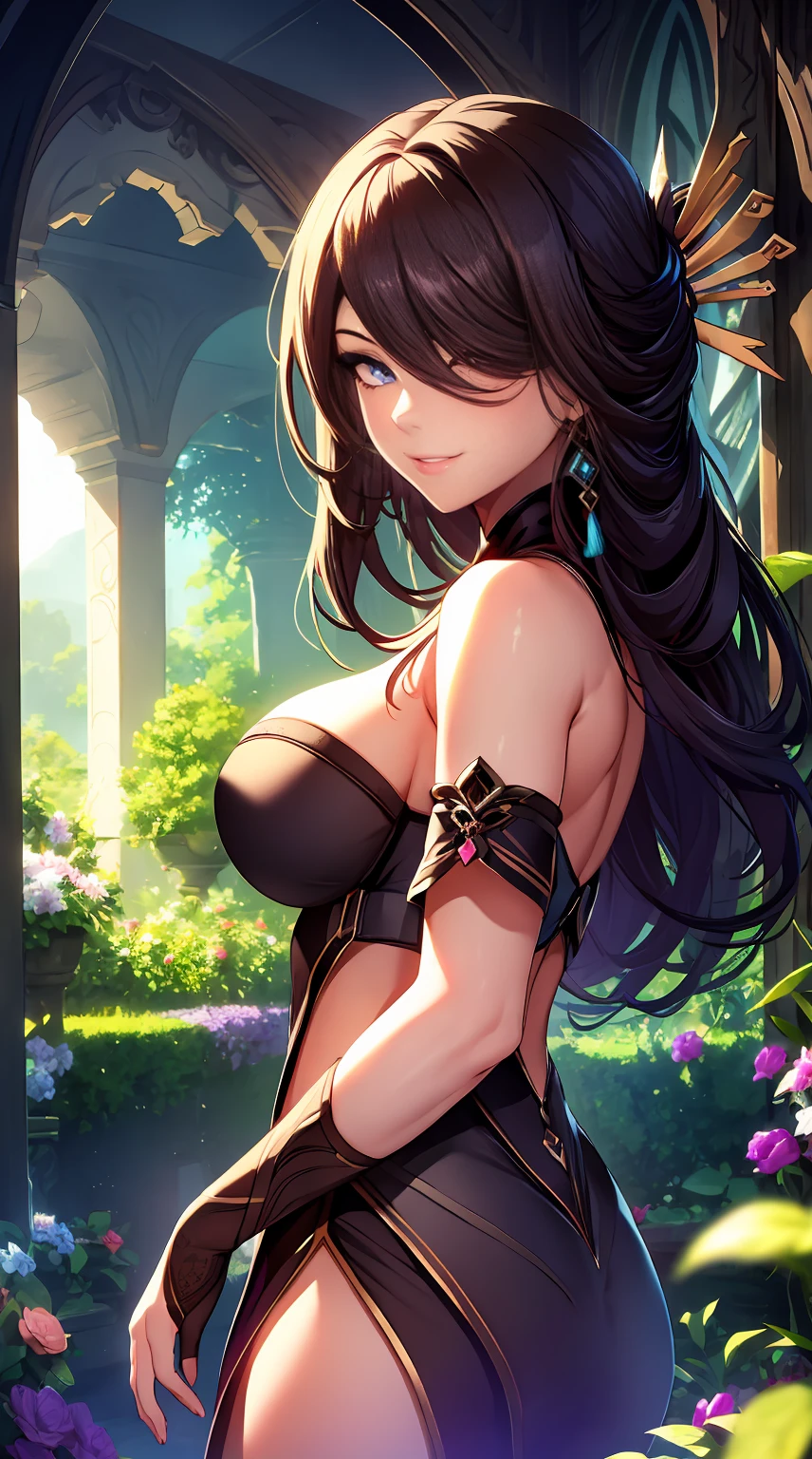 (best quality,ultra-detailed),sexy girl,beautiful detailed eyes,beautiful detailed lips,longeyelashes,girl in a garden,exotic garden with colorful flowers,fashionable clothing,confident posture,natural sunlight,soft and warm lighting,portrait,painting-like effect,vibrant colors,mysterious atmosphere,magical, seductive, captivating,alluring,romantic,poetic,flirtatious,mysterious eyes,killer smile,graceful, feminine,mysterious shadows,ethereal,dreamlike,magic in the air
