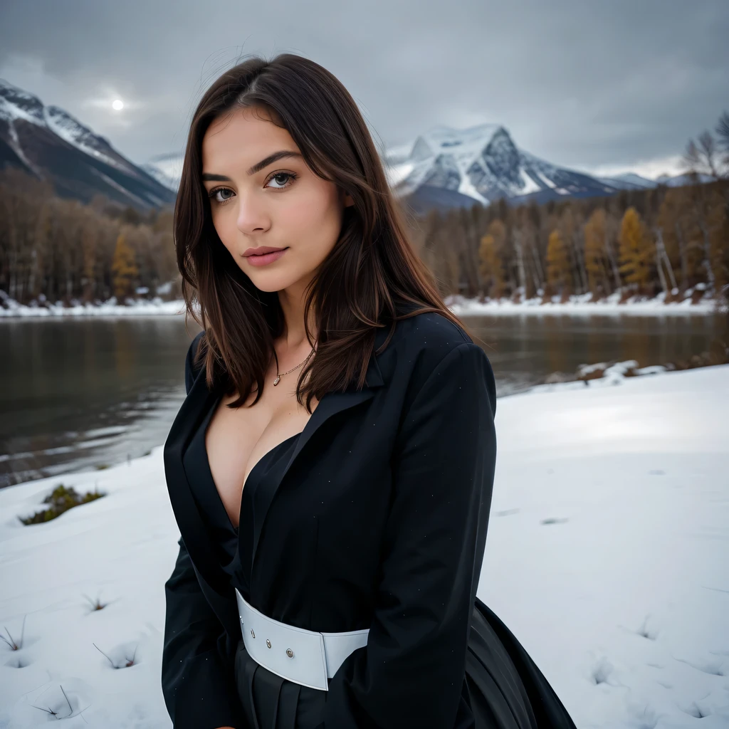 Photorealistic, ultra-detailed, Beautiful woman, portrait photo, Solo, looking in the camera, standing up, picturesque beautiful fancy scene, dark scene, dark noon, winter without snow, The essence of real life, brunette colour hair, twenty years old, cheerful , show medium cleavage, flashlights, Crystal clear sky, analogue style, film grain, Best shadow, primitive, Instagram LUT, wearing formal clothes.