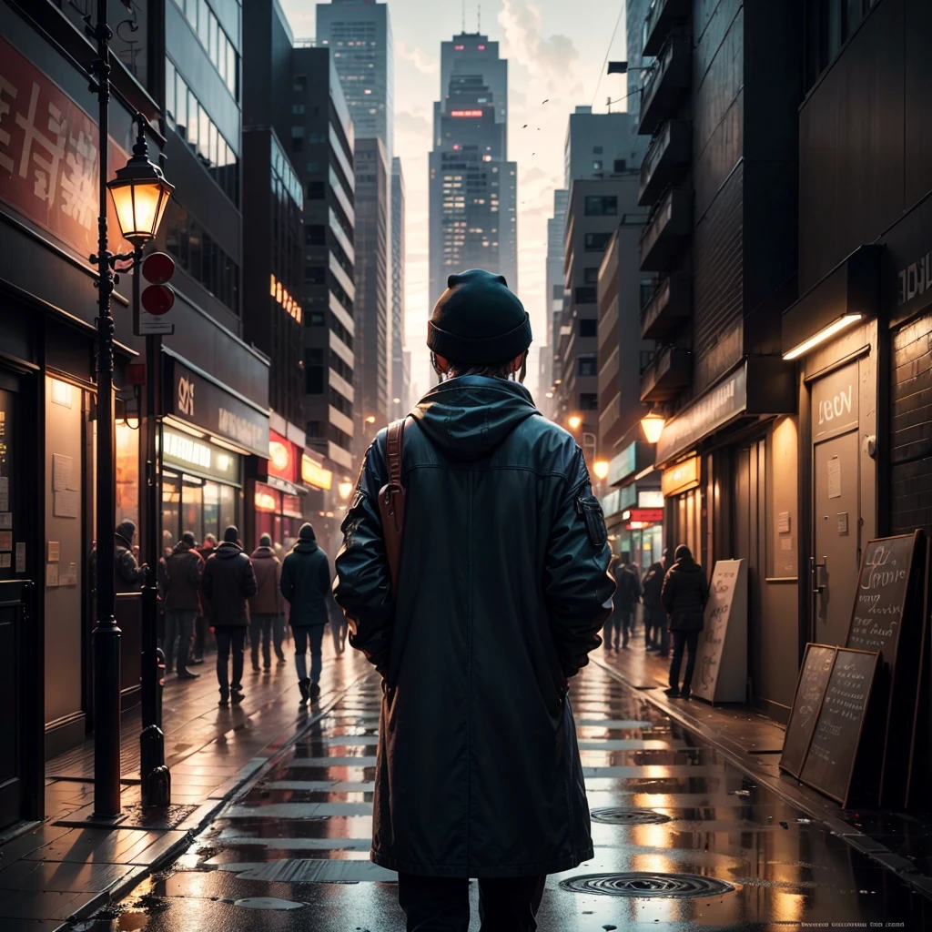 In the heart of a bustling city, amidst a sea of hurried footsteps and distant conversations, there stands a lone figure—a lonely guy in the street.
**Appearance:**
- His shoulders are slightly hunched, carrying an invisible weight that seems to transcend the physical.
- Dressed in muted tones, he blends into the urban landscape, almost becoming a part of the city's forgotten corners.
**Expression:**
- His gaze is distant, lost in the rhythm of passing strangers who remain oblivious to his solitude.
- A faint furrow on his brow hints at a mind preoccupied with thoughts that echo through the quiet corridors of his isolation.
**Surroundings:**
- Neon lights cast long shadows on the pavement, creating an artificial glow that starkly contrasts with the darkness within.
- The distant hum of traffic and intermittent city sounds underscore the silence that envelops him.
**Posture:**
- Leaning against a graffiti-covered wall, he seems to seek support from the inanimate as he watches the ebb and flow of the urban tide.
- His hands, absentmindedly playing with the edges of a weathered notebook, betray a desire for connection, perhaps through the written word.
**Symbolism:**
- A discarded newspaper, blown by the wind, symbolizes the transient nature of connection in this metropolis.
- A flickering streetlight above him could be seen as a metaphor for the fleeting moments of warmth in an otherwise cold and indifferent world.
**Time of Day:**
- The loneliness is accentuated by the twilight, where the city transforms into a realm of artificial lights and the day's frenetic energy begins to wane.
**Internal Dialogue:**
- Amidst the urban symphony, his internal dialogue is a muted song of longing, seeking a connection that remains elusive in the crowd.
This lonely guy in the street becomes a poignant silhouette in the cityscape, a solitary soul navigating the labyrinth of anonymity, yearning for a moment of genuine connection in the midst of the urban cacophony.