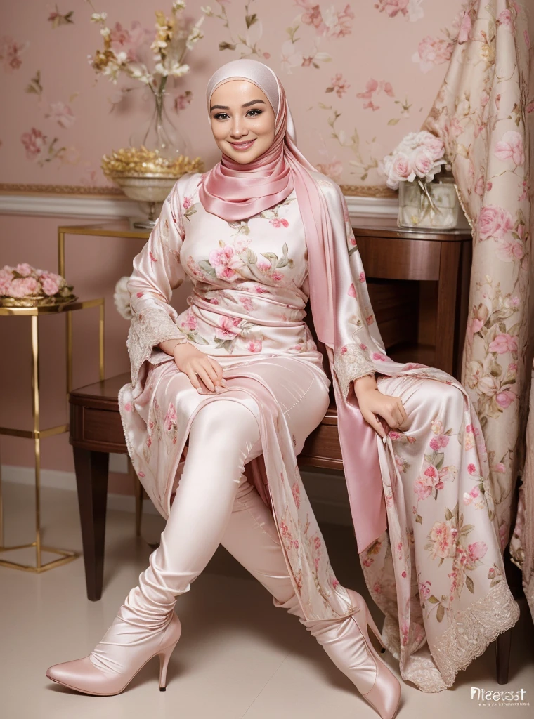 (Best quality, high resolution, masterpiece: 1.3), a beautiful malay woman in hijab, big breasts, 25 years old , slim body abs, tall , sitting on bed, cross legs , ((gigantic breast:1.3)), beautiful lady, Nikon Z 85mm, ((best quality)) ((masterpiece)), intricate detail, ((almost )), sharp focus, professional, realistic, real life, hyperreal, photorealistic, fine detail, best quality, very Detailed CG unity 8k wallpaper, perfect artwork, Full body, glowing eyes, realistic, perfect female hourglass figure, thin waist, wide buttocks, looking at viewer, extremely delicate and beautiful, best quality, beautiful detail girl, beautiful eye detail, face lighting, film lighting, perspective, revealing buttocks, perfect collarbone, realistic facial expression, (exquisite detail, makeup, (exquisite beautiful exquisite face, delicate and beautiful eyes, a face with perfect proportions, high-detailed skin,((wearing tight pastel floral malay gamis with closed hijab)),  diamond necklace, ((closed clothes), ((polite clothes)), luxury hotel bedroom, dynamic pose, shy smile on the bed, 25 years old, big breasts: 1.4, wearing Floral Silk Tight Malay Gamis Pastel Close Up Tight Hijab, Full Body, Beautiful Shy Smile, Wearing High Heels, In Luxurious Bedroom