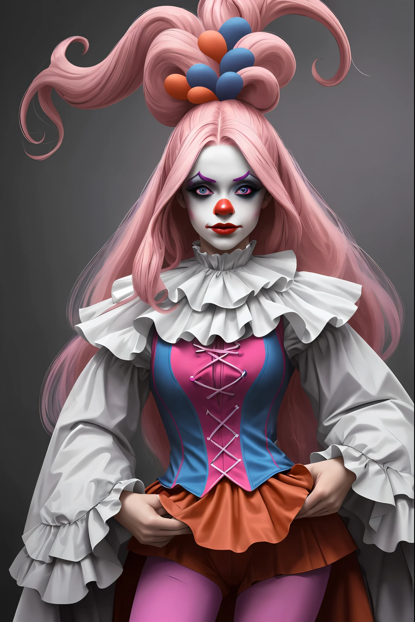 professional photo of a (dutch woman:1.1),
she is wearing clown costume and she has very long pink hair,
detailed skin, detailed eyes, detailed clown makeup,
inside dusty circus arena,
volumetric fog, volumetric dust,
photo made with Canon EOS in natural style photography,
popular on artstation, popular on deviantart, popular on flicker