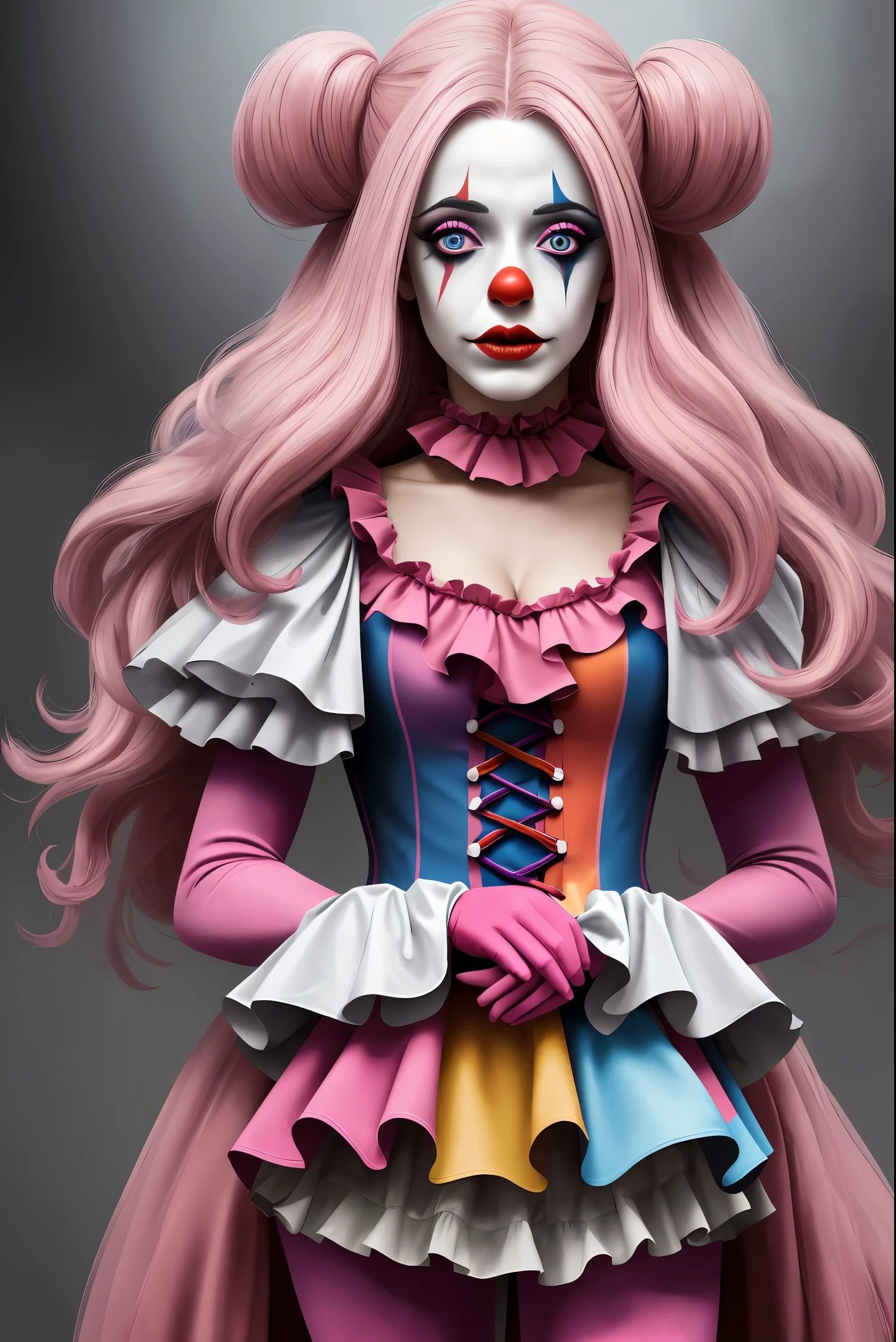 professional photo of a (dutch woman:1.1),
she is wearing clown costume and she has very long pink hair,
detailed skin, detailed eyes, detailed clown makeup,
inside dusty circus arena,
volumetric fog, volumetric dust,
photo made with Canon EOS  in natural style photography,
popular on artstation, popular on deviantart, popular on flicker