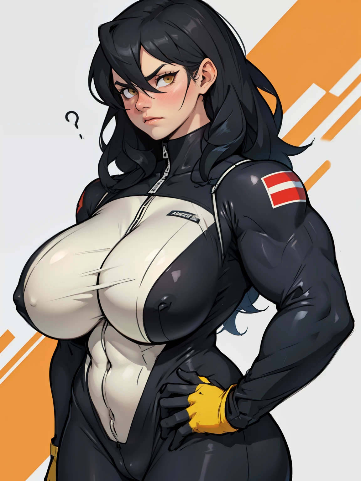 ((((muscular girl toned body massive breasts)))) pale skin black hair yellow eyes sad frown blush bodysuit skintight jumpsuit plugsuit pilot suit