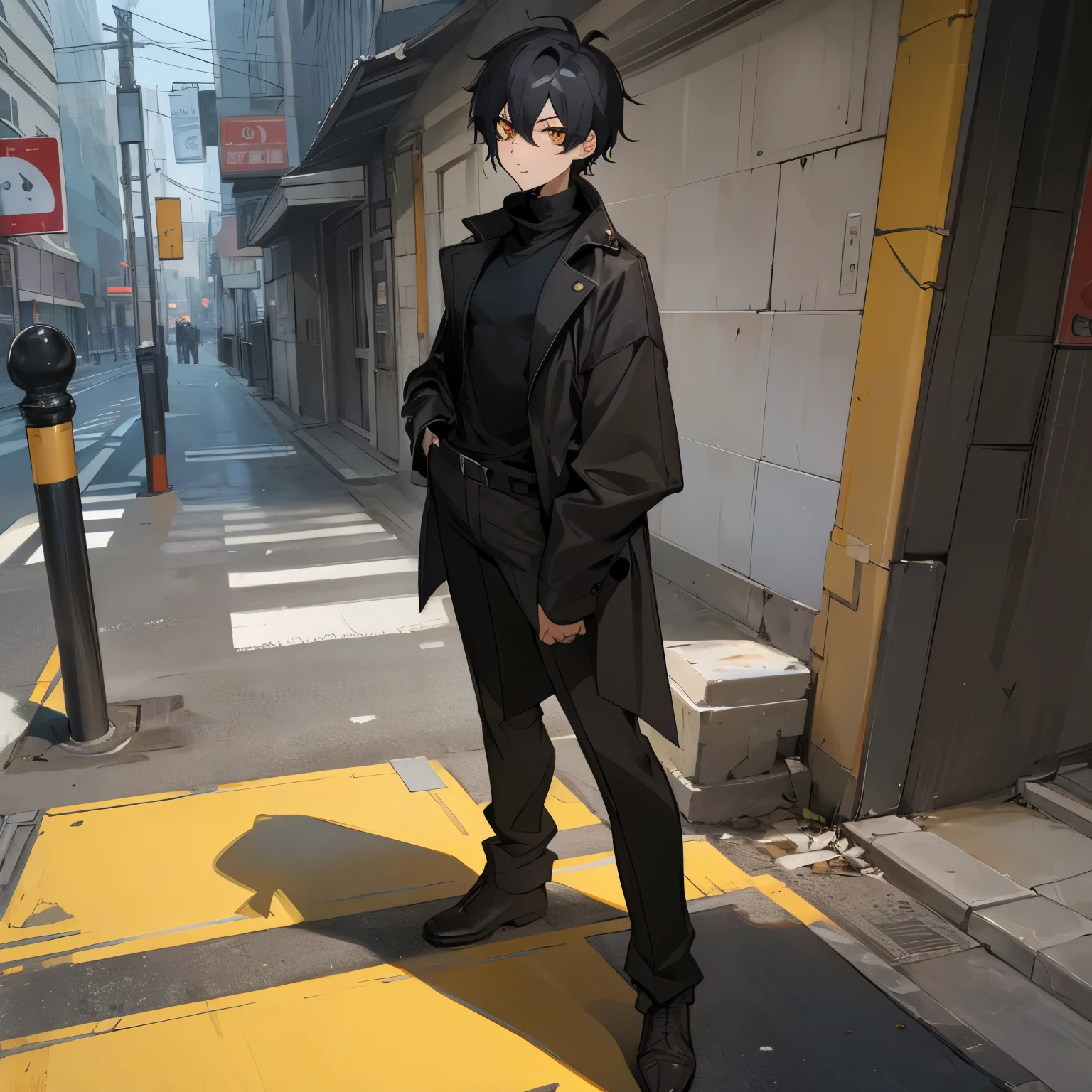 Messy black hair , golden eyes , black turtleneck , 1male , lean build , standing on sidewalk , Young Male