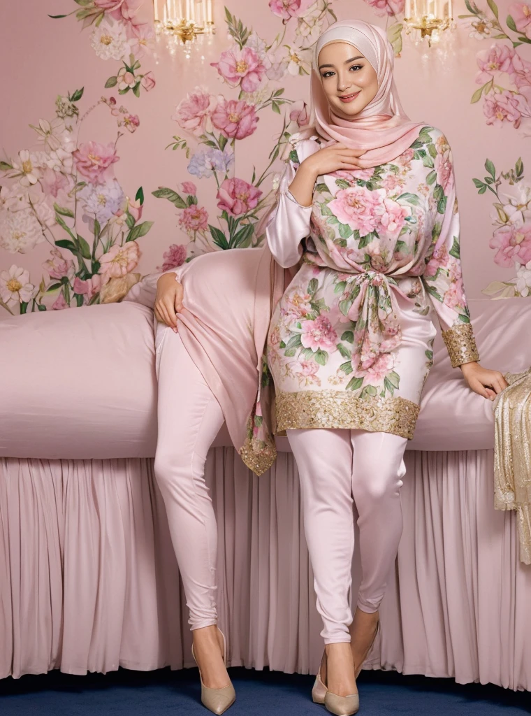 (Best quality, high resolution, masterpiece: 1.3), a beautiful malay woman in hijab, big breasts, 25 years old , slim body abs, tall , sitting on bed, cross legs , ((gigantic breast:1.3)), beautiful lady, Nikon Z 85mm, ((best quality)) ((masterpiece)), intricate detail, ((almost )), sharp focus, professional, realistic, real life, hyperreal, photorealistic, fine detail, best quality, very Detailed CG unity 8k wallpaper, perfect artwork, Full body, glowing eyes, realistic, perfect female hourglass figure, thin waist, wide buttocks, looking at viewer, extremely delicate and beautiful, best quality, beautiful detail girl, beautiful eye detail, face lighting, film lighting, perspective, revealing buttocks, perfect collarbone, realistic facial expression, (exquisite detail, makeup, (exquisite beautiful exquisite face, delicate and beautiful eyes, a face with perfect proportions, high-detailed skin,((wearing tight pastel floral malay gamis with closed hijab)), diamond necklace, ((closed clothes), ((polite clothes)), luxury hotel bedroom, dynamic pose, shy smile on the bed, 25 years old, big breasts: 1.4, wearing Floral Silk Tight Malay Gamis Pastel Close Up Tight Hijab, Full Body, Beautiful Shy Smile, Wearing High Heels, In Luxurious Bedroom