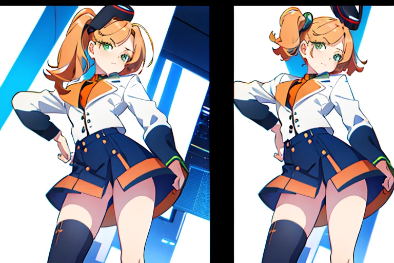 (((Best Quality))) , ((full body)), female, multiple views, white background, variety of hairstyles, seductive pose, cropped short blazer, mini skirt, blue, orange, green, violet, brown, white,