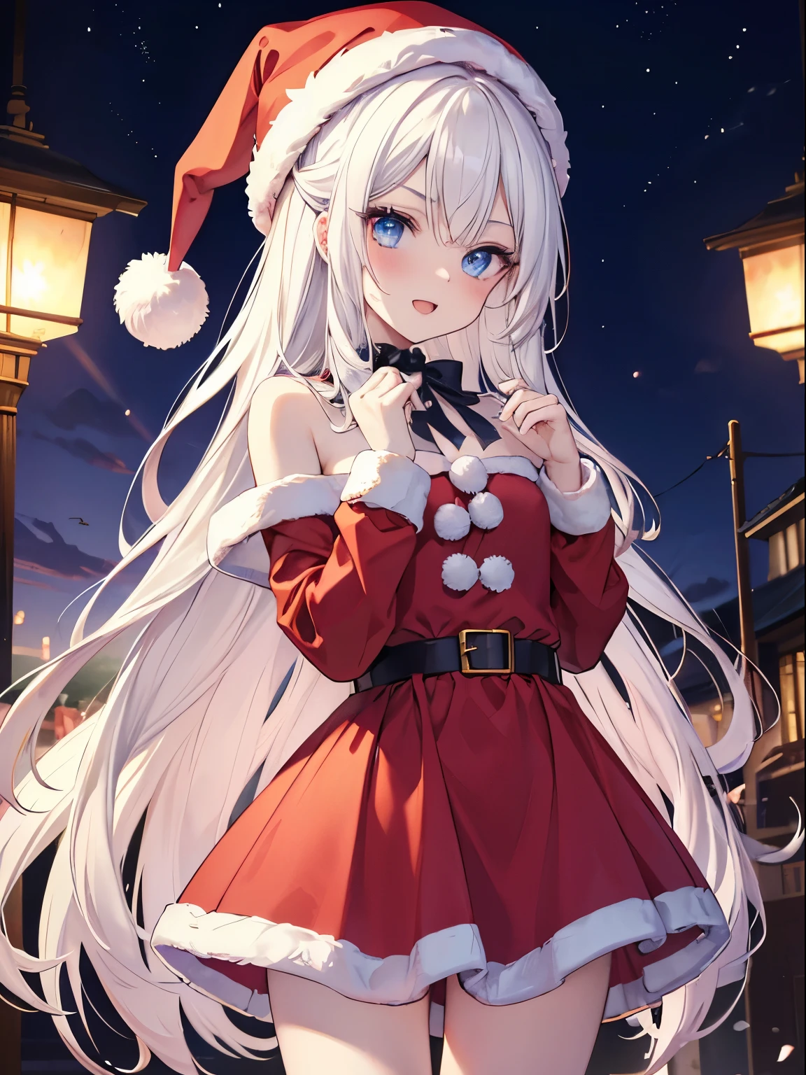 masutepiece, Highest Quality, (Perfect face:1.1), (high detailing:1.1), (ultradetailed eyes), Dramatic, superfine illustration, Extremely detailed, 1girl in, (pale skin), long white hair, Ethereal eyes, Blue eyes,tareme, (light eyebrow),blush,Solo,Smile, Happy, Laugh, Enjoy, Open mouth, Pouty lips,Cinematic lighting, Looking at Viewer,Cowboy Shot, Christmas, Santa Claus Costume, santa claus,Long sleeve