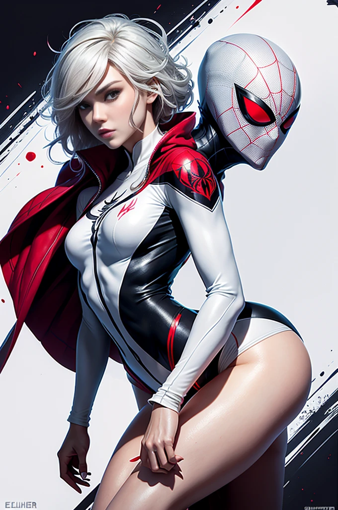 spider gwen, Hot, partial , hightquality, Dynamic Poses, Beautiful, Gorgeous, In love,Short suit, spider in a suit, white black red suit、Elisha Cuthbert