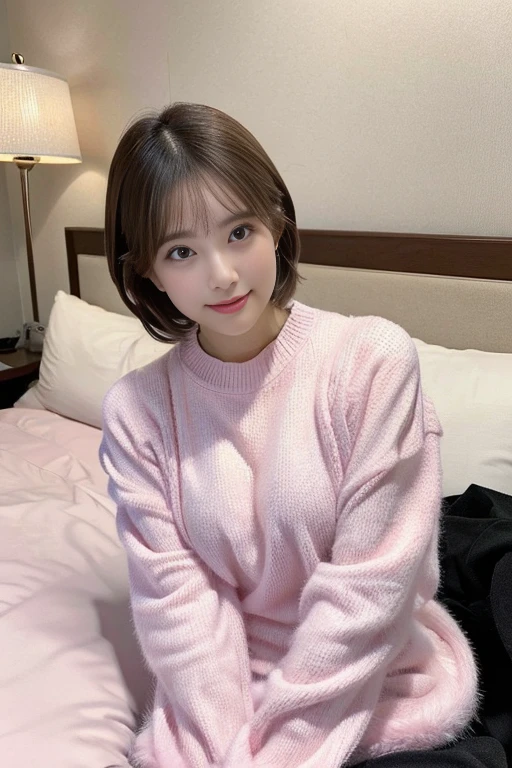(((a bed,Hotel))),((long-sleeve,Pink fluffy knit,Little big)),((A sexy,japanes,femele,cute little)),(clean,short-hair),(top-quality,​masterpiece:1.3,超A high resolution),(ultra-detailliert,Caustics),(Photorealsitic:1.4,RAW shooting,)Ultra-realistic capture,A highly detailed,High resolution 16K resolution