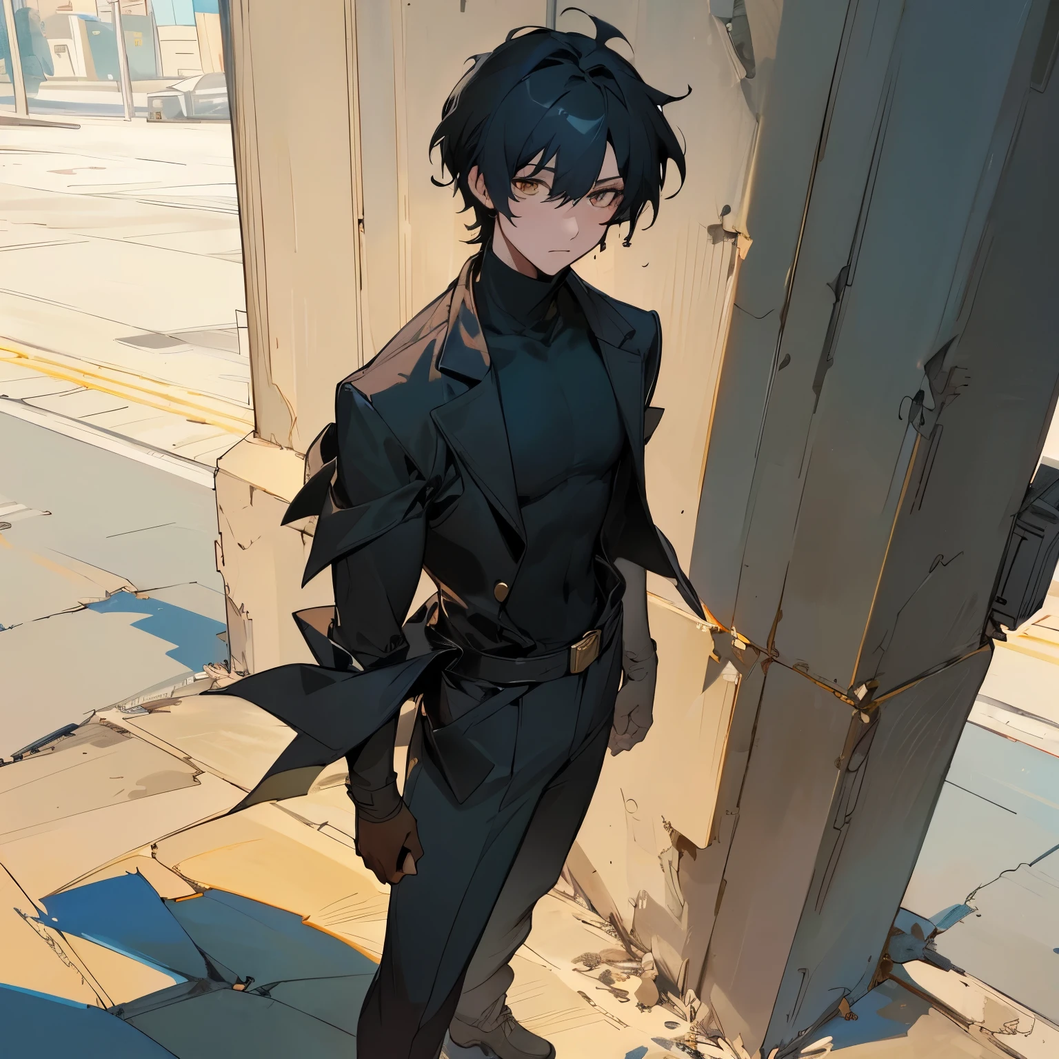 (best quality,4k,8k,highres,masterpiece:1.2)Messy black hair,golden eyes,black turtleneck,1male,lean build,standing on sidewalk,Young Male,portrait,dark and moody,subtle blue tones,soft natural light