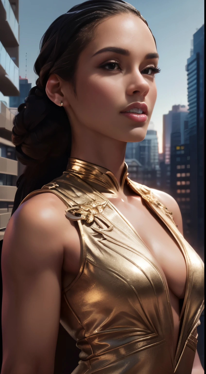 photo of Alicia Keys, RAW, beautiful woman, ((portrait)), ((detailed face:1.2)), ((detailed facial feature, detailed dark skin, clear skin), (perfect proportioned body, full breasts), (wearing a gold dress) (high detailed city environment, apartment balcony), (realistic photo, best quality, detailed), (8k wallpaper), (cinematic lighting, dramatic lighting) (sharp focus, intricate)