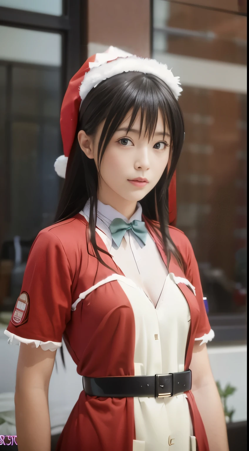 beautfull Japanease woman，(Red Santa Claus costume：1.5)，Christmas tree，Black hair, surrealism, F/1.2, 35 mm, Fuji Film, 8K, Super Detail, nffsw, masutepiece, ccurate, Anatomically correct, Textured skin, Super Detail, high details, High quality, Best Quality, hight resolution