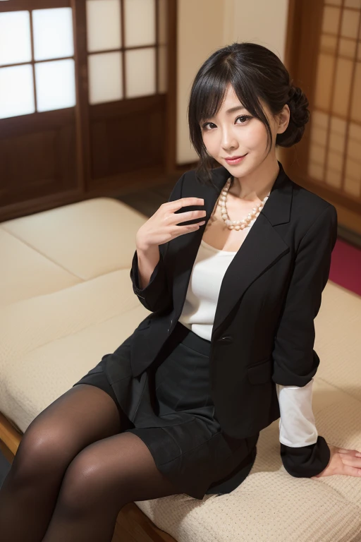 ((1人の女性,The most beautiful faces in Japan,40 years,Old face,A MILF,There are wrinkles at the corners of the eyes,Perfect gas chamber,Shot up close,Looking at the camera,View here)),((((Black shirt,Black suit jacket,Black skirt)))),((pearls necklace,Classy hairstyle,natural make up,The chest is very bulging,Smile here,Lowered eyebrows,drooping eyebrows,Staring at them with an adorable expression,Sitting in a Japanese-style room,Japanese-style tatami room,shoji,,Seowon Building,Sitting on a cushion in a room in Japan,Looking at the camera,look at a camera,Take a photo above from your lap)),((Turn to this,View here,Perfect fingers,perfect arms,细致背景,top-quality,The ultra -The high-definition,Perfect Anatomy,high-definition RAW color photography,professional photograpy, extremely delicate and beautiful, Extremely detailed,finely detail, Huge file size,Top image quality,8K,Award-Winning Works,masutepiece)),(((Black pantyhose:1.3,Her pantyhose is transparent and her thighs are visible...)))