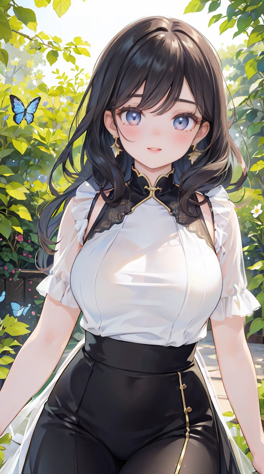 (best quality,4k,8k,highres,masterpiece:1.2),ultra-detailed,(realistic,photorealistic,photo-realistic:1.37),beautiful detailed eyes,beautiful detailed lips,extremely detailed eyes and face,longeyelashes,1girl,sexy,linda,garota,curly long black hair,golden earrings,revealing red dress,striking makeup,seductive smile,sensual pose,dreamy garden background with vibrant flowers,butterflies dancing around,sunlight falling through leaves,soft warm lighting,portrait,romantic,colorful,hdr