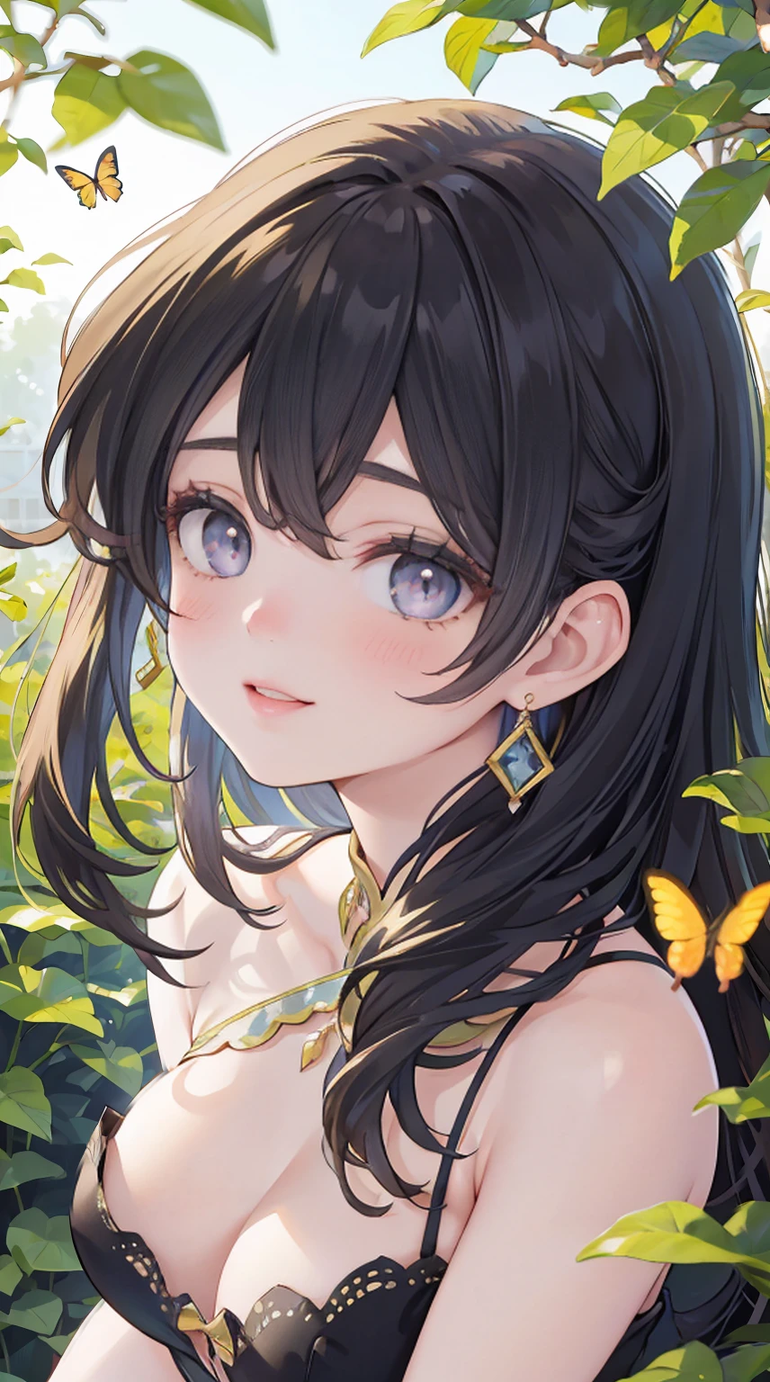 (best quality,4k,8k,highres,masterpiece:1.2),ultra-detailed,(realistic,photorealistic,photo-realistic:1.37),beautiful detailed eyes,beautiful detailed lips,extremely detailed eyes and face,longeyelashes,1girl,sexy,linda,garota,curly long black hair,golden earrings,revealing red dress,striking makeup,seductive smile,sensual pose,dreamy garden background with vibrant flowers,butterflies dancing around,sunlight falling through leaves,soft warm lighting,portrait,romantic,colorful,hdr