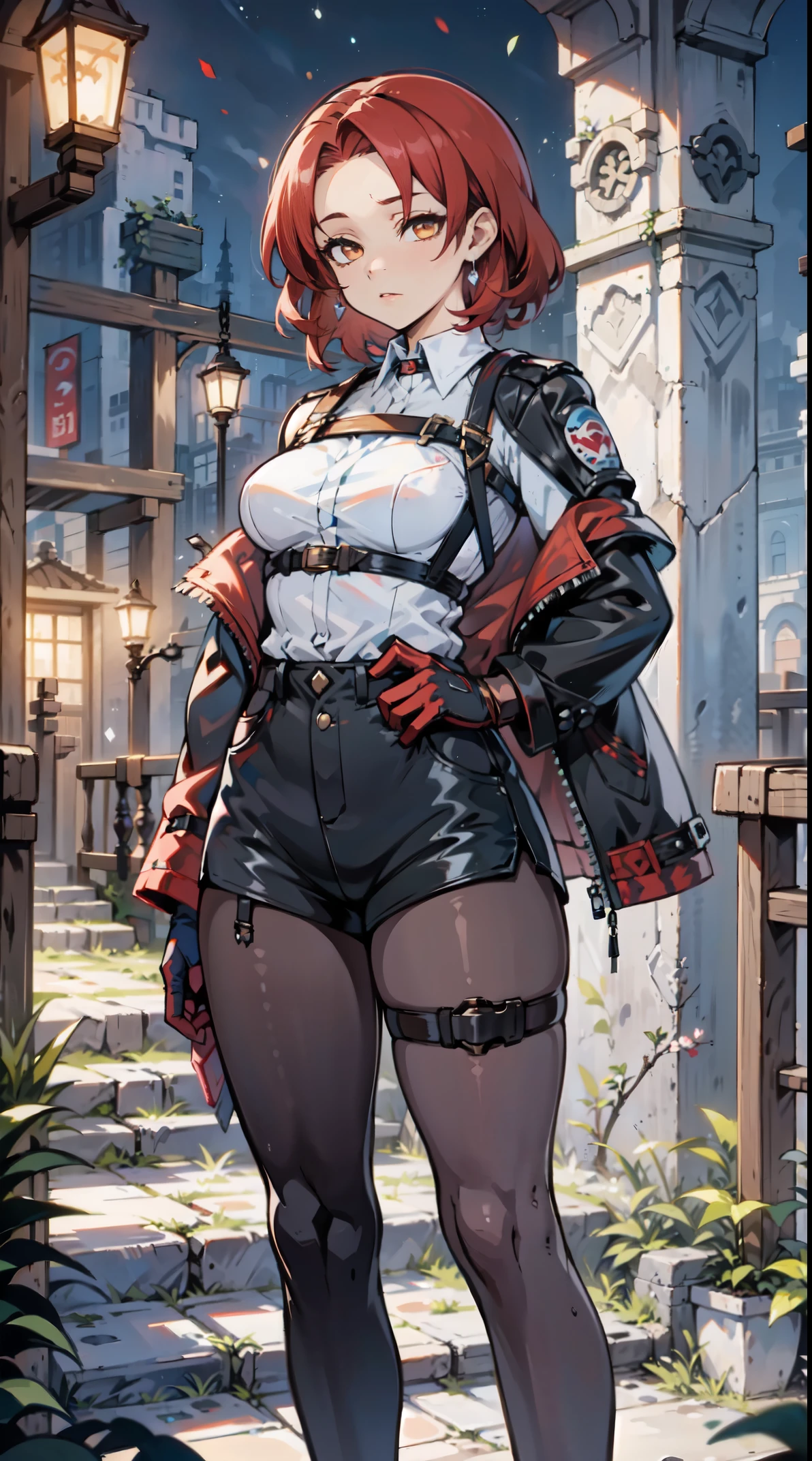 1girl, young woman, solo, short hair, Small hair, (forehead:1.2), yellow eyes, (scarlet red hair), Athletic, muscular, medium breasts, (cropped jacket, black jacket), white shirt, collared shirt, (chest harness, shoulder strap:1.15), black leather shorts, pantyhose 7/8, garter belt, gloves, elegant, looking at viewer, standing, night, masterpiece, best quality, 4k